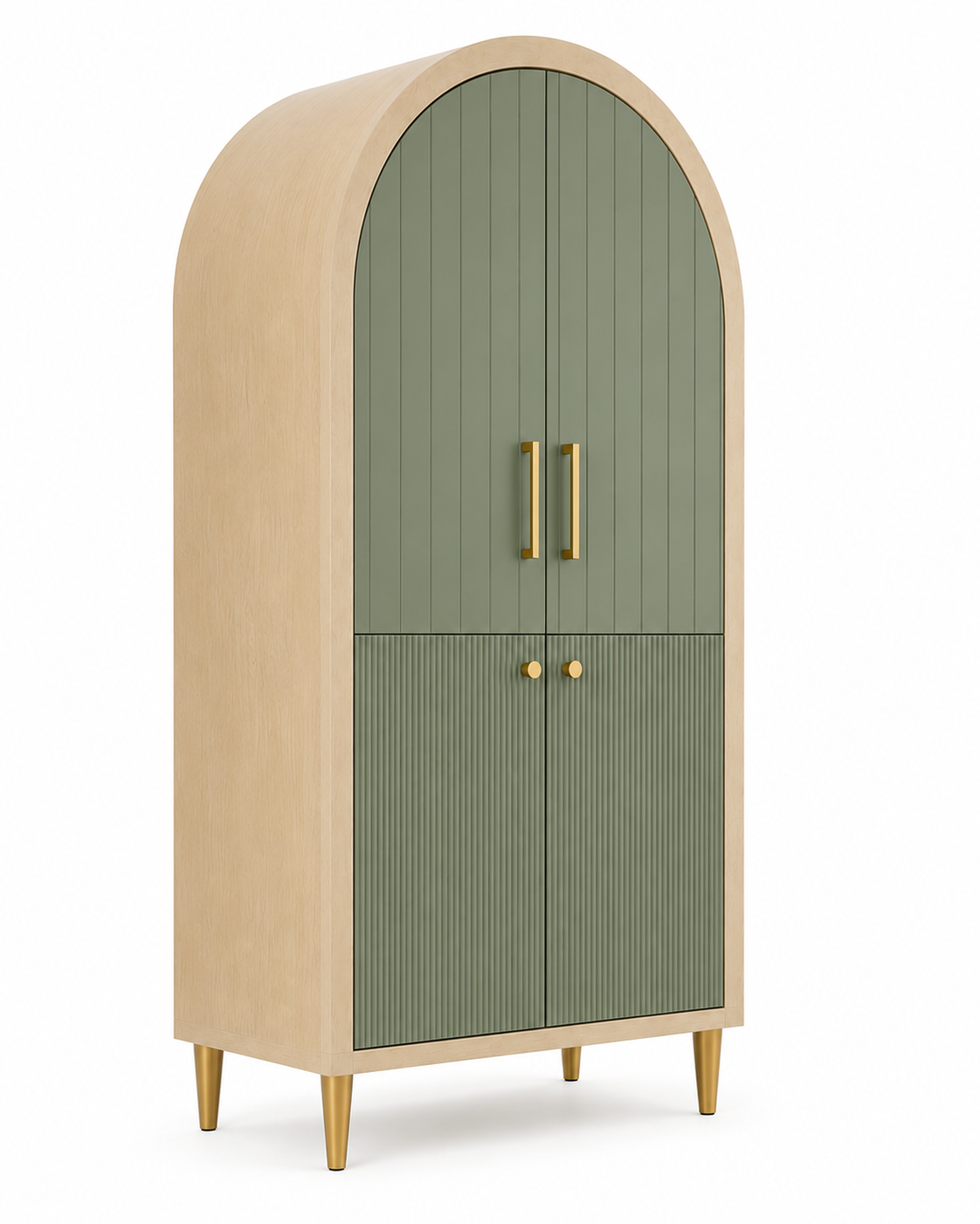 Modern Arched Wooden Wardrobe with Sage Green Doors