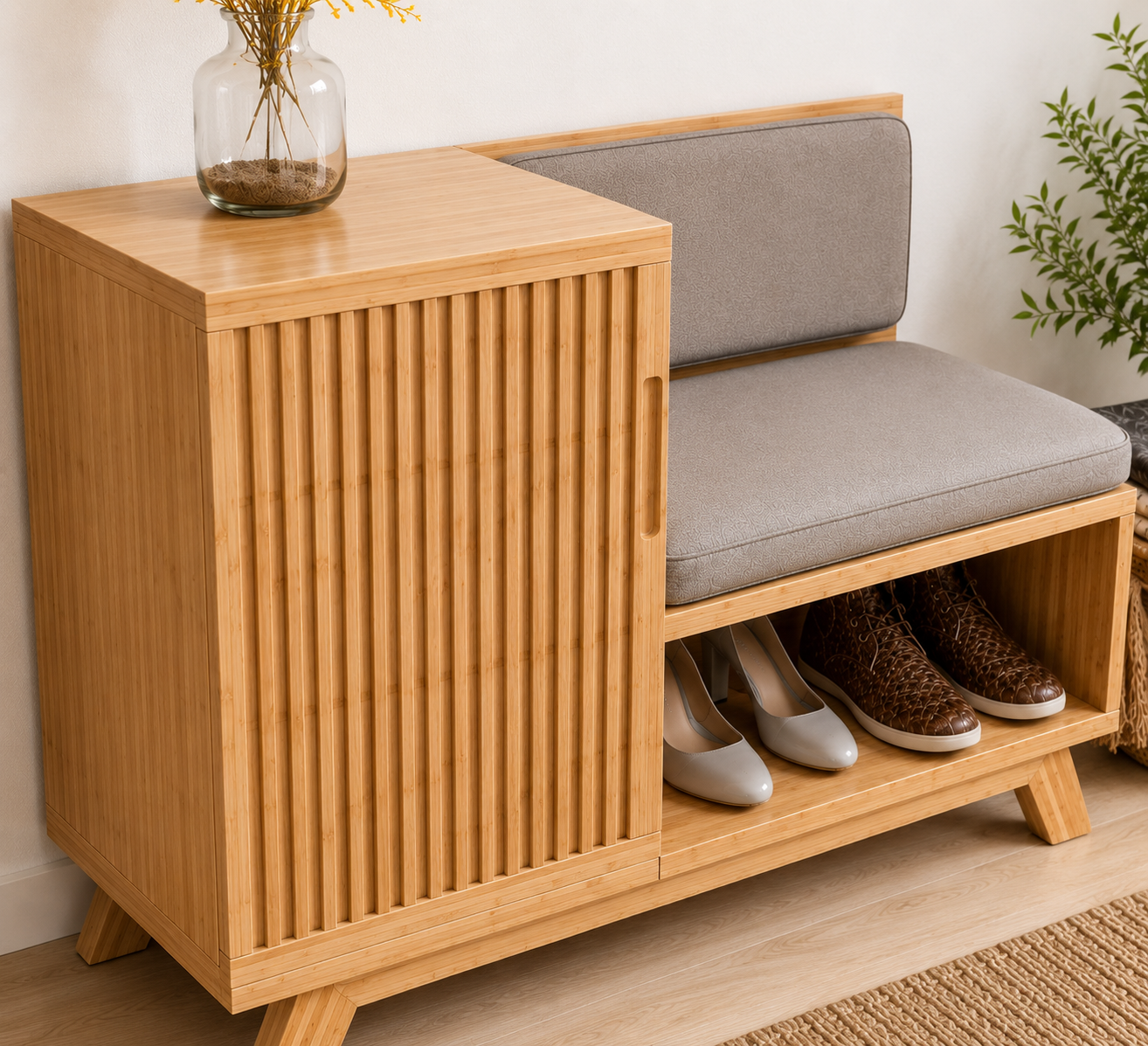 Modern Bamboo Shoe Storage Bench with Sliding Door | Entryway Shoe Organizer Cabinet with Cushioned Seat OUCH CART