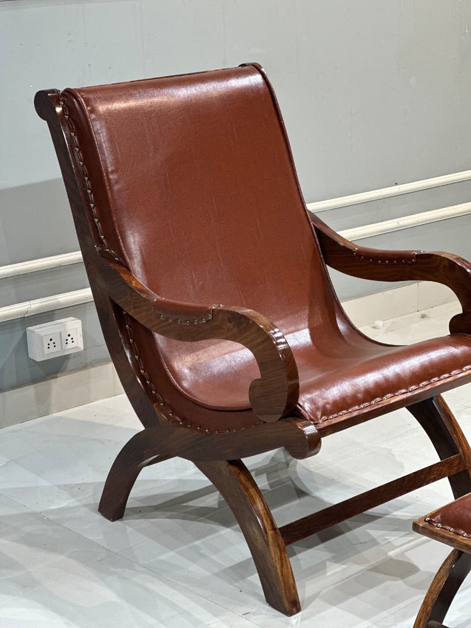 Teak Wood Armchair Lounge Chair with Ottoman