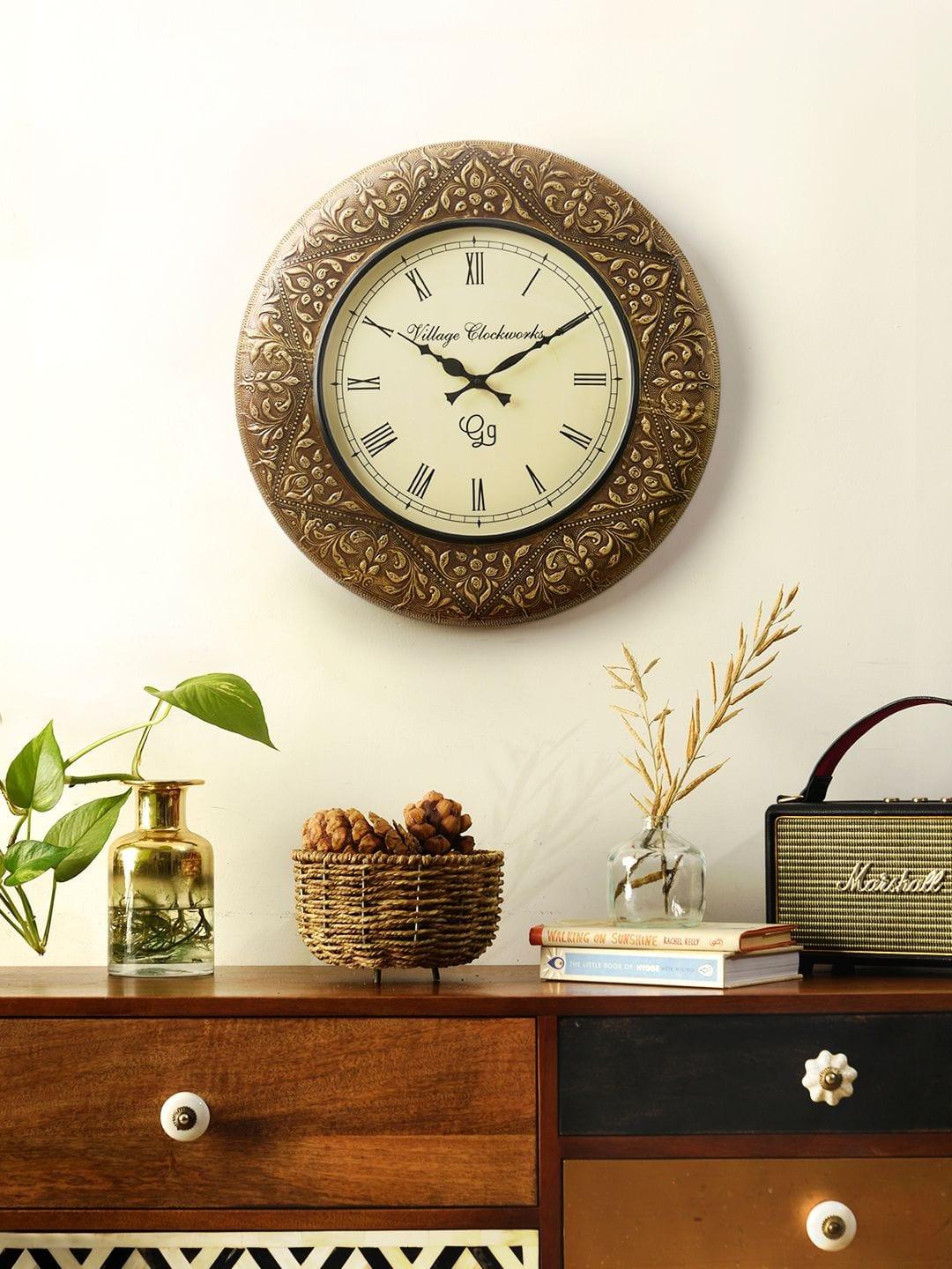 Round Embossed Brass 18 Inches Wall Clock - Ouch Cart