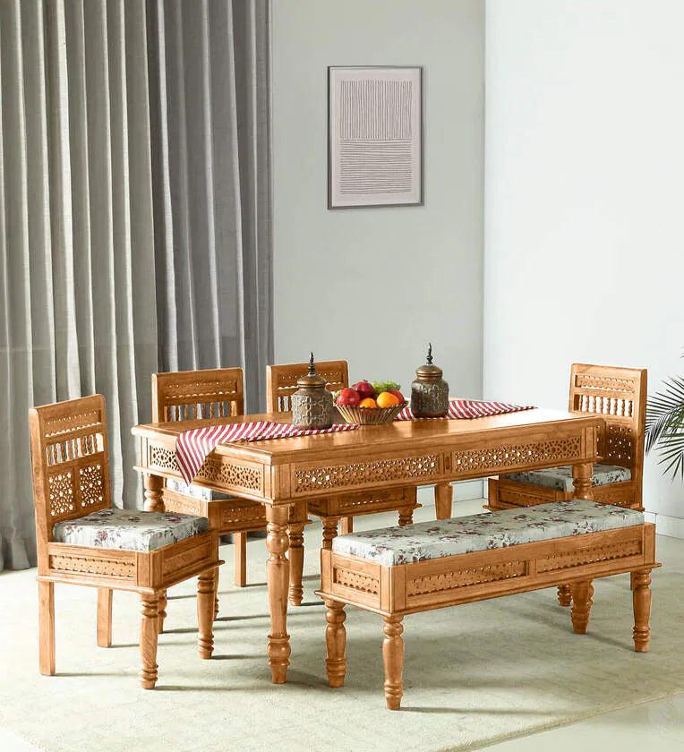 Sheesham Wood 6 Seater Dining Set In Scratch Resistant Rustic Teak Finish With Bench - Ouch Cart