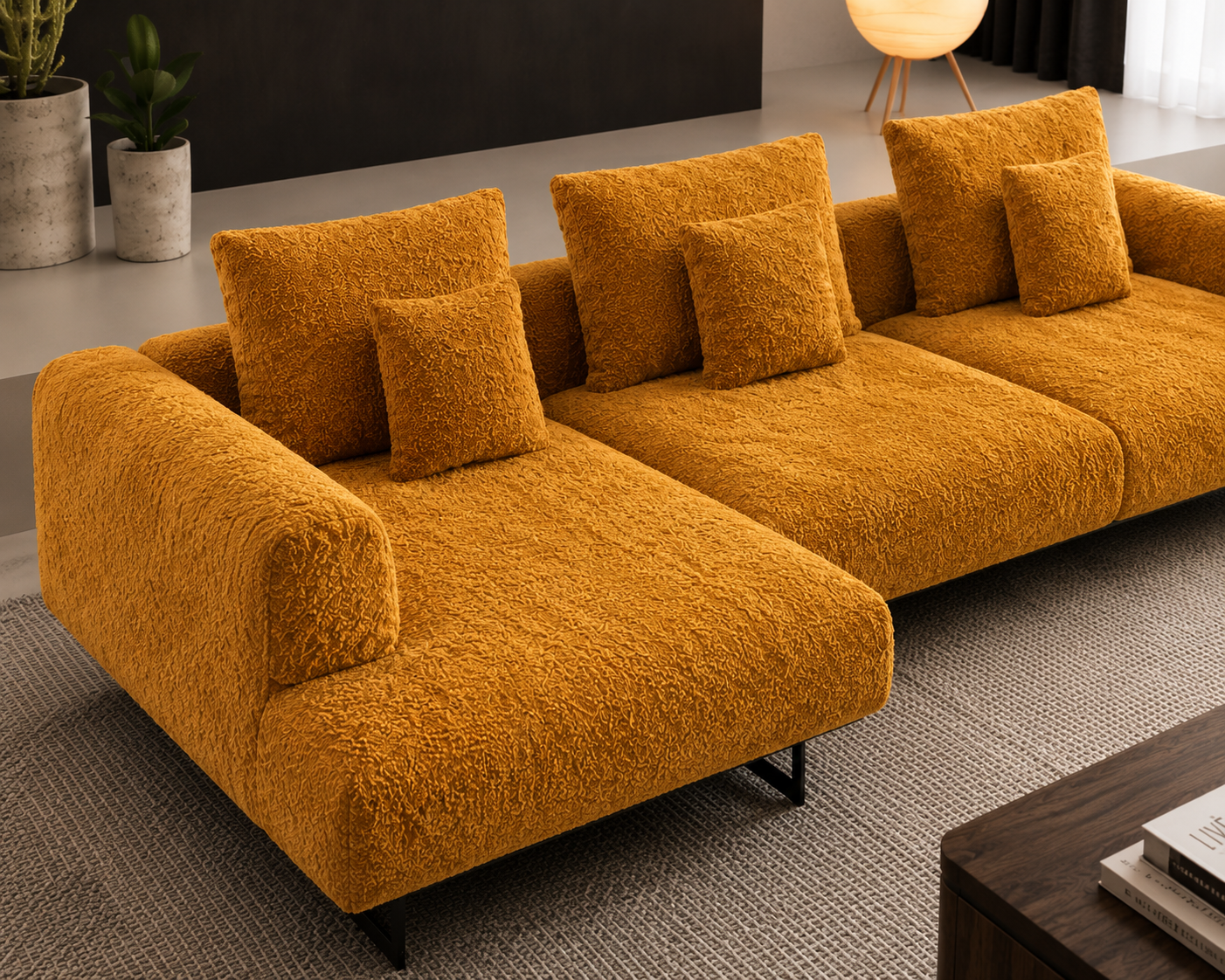 Modern Mustard Bouclé Sectional Sofa | Luxury Modular Fabric Sofa with Metal Legs | Contemporary Living Room Couch