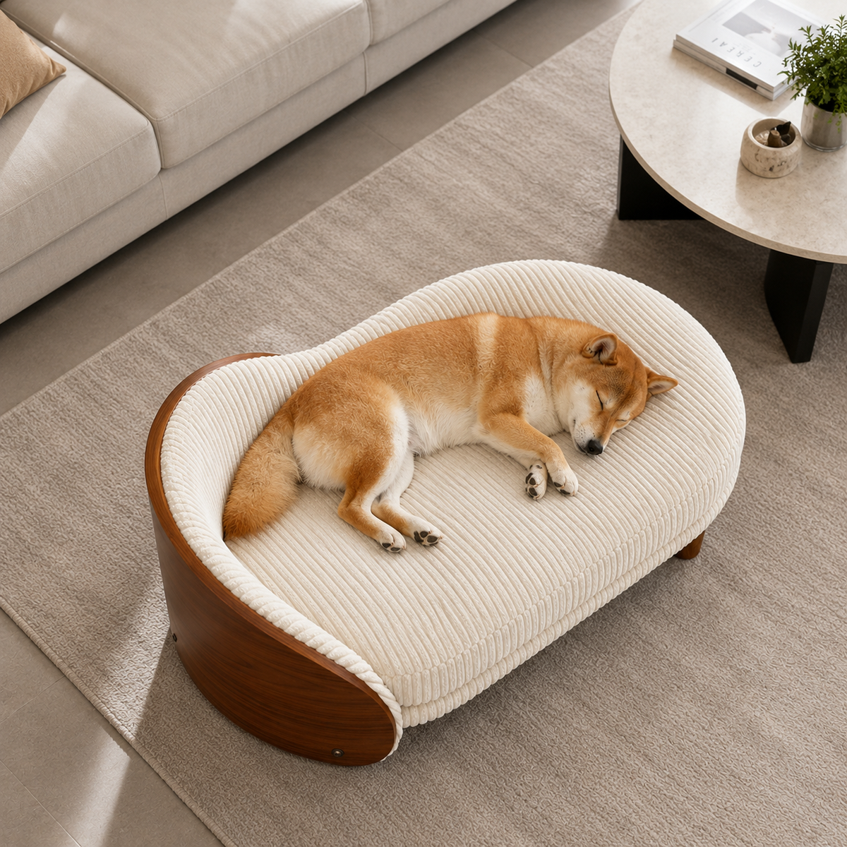 Modern Luxury Wooden Pet Bed for Dogs & Cats | Soft Plush Corduroy Cushion | Stylish Elevated Indoor Pet Sofa Bed | Comfortable Sleeping Bed for Small & Medium Pets OUCH CART