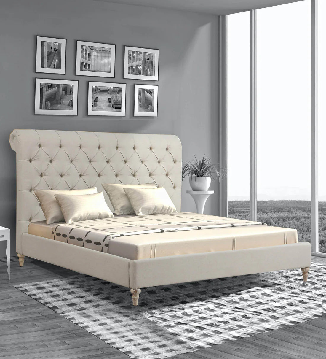 Leo Fabric Upholstered King Size Bed in Beige Colour