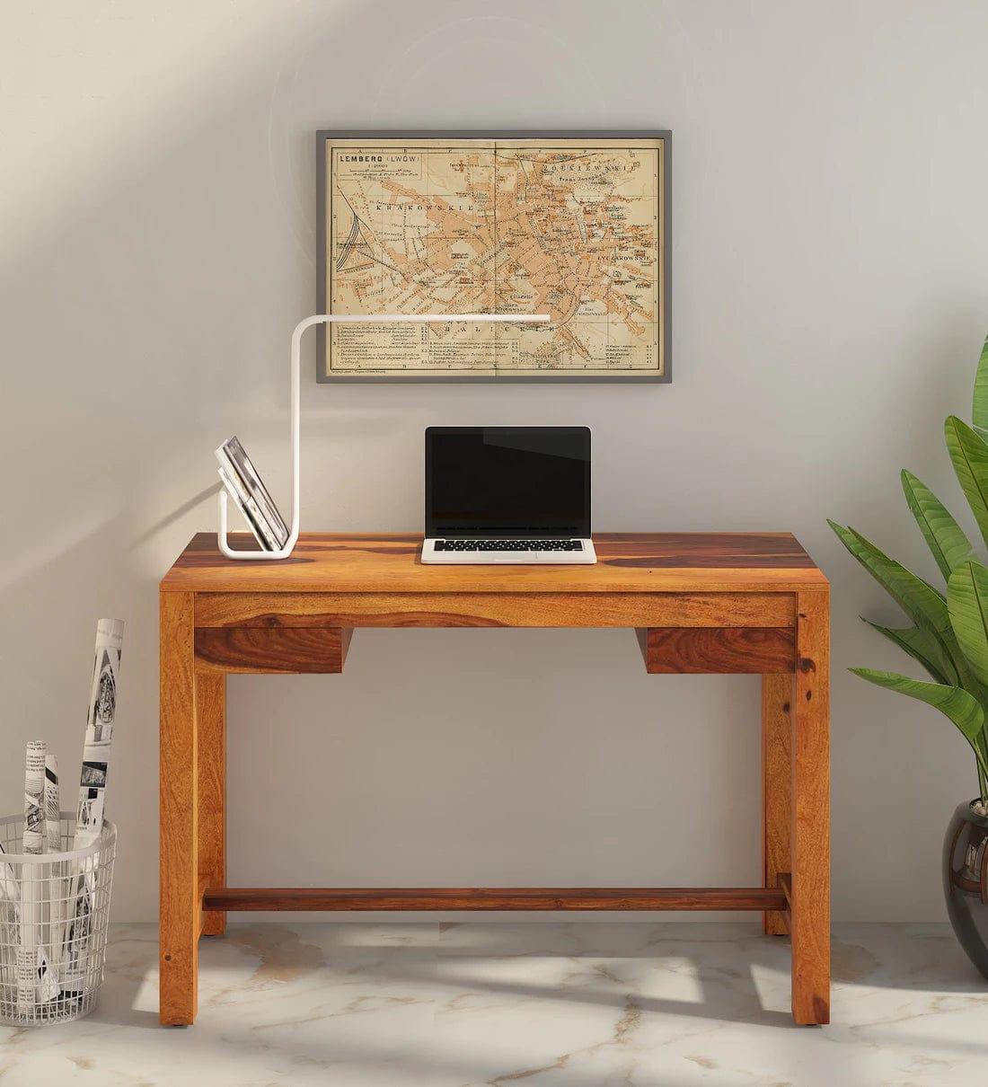 Claire Sheesham Wood Writing Table In Rustic Teak Finish, - Ouch Cart