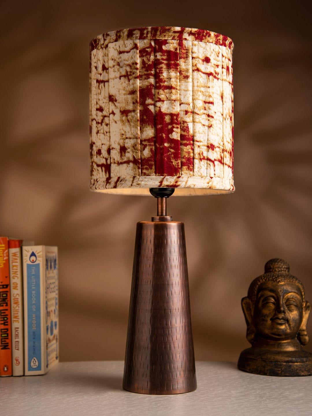 Copper Etched V-Shaped Lamp with Pleeted Muticolor Maroon Shade - Ouch Cart