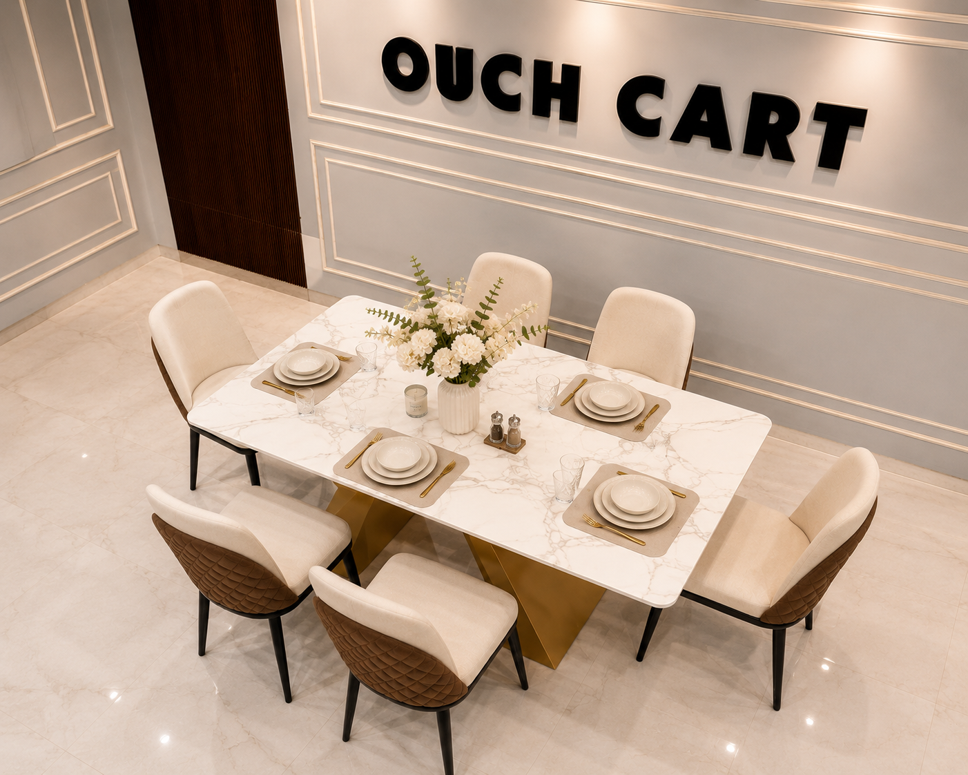 Modern 6 Seater Marble Dining Table Set with Gold Metal Base & Upholstered Chairs | Luxury Dining Room Furniture OUCH CART