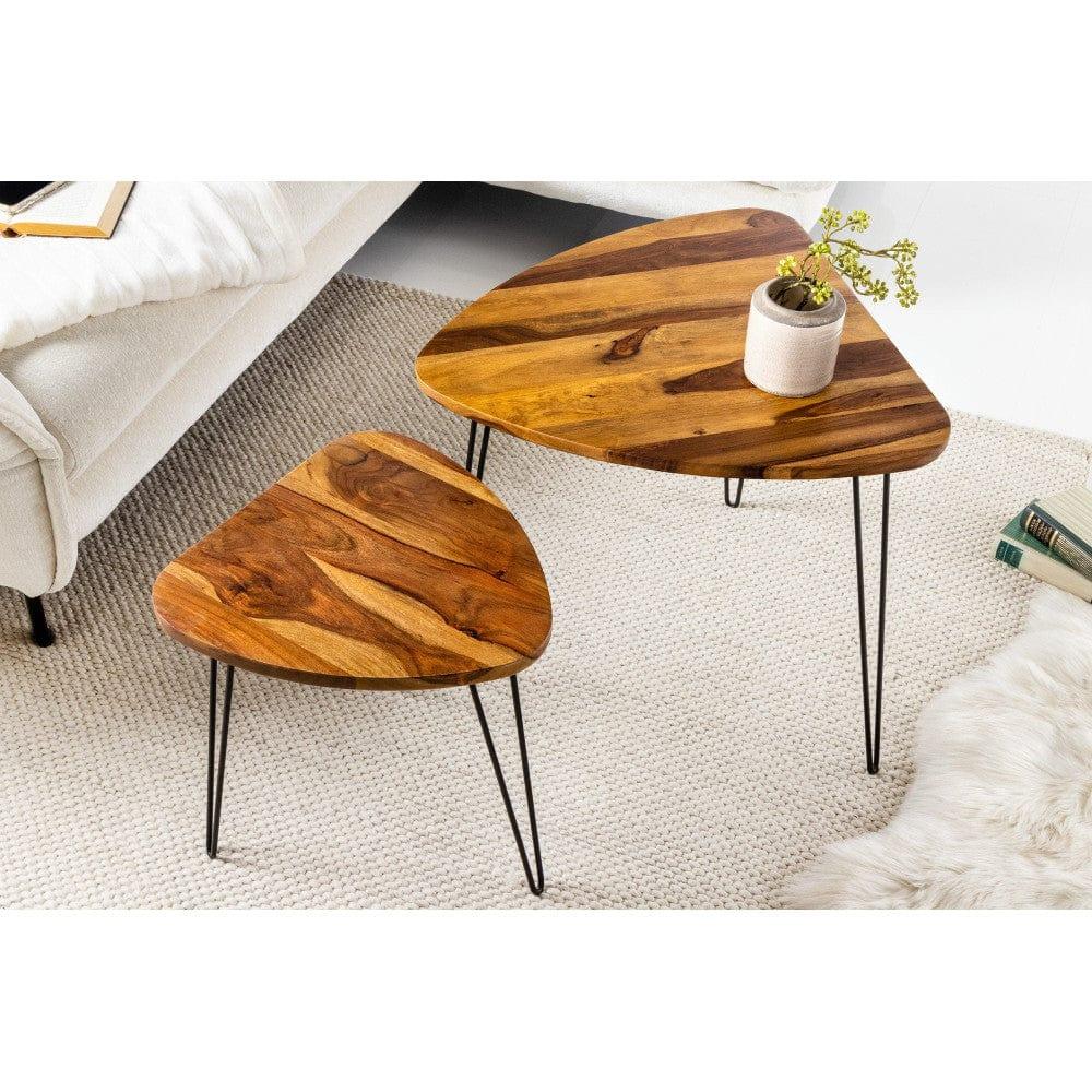 Sheesham Wood Oval Shape Nested Coffee Table with Hairpin Legs in Honey Finish - Ouch Cart