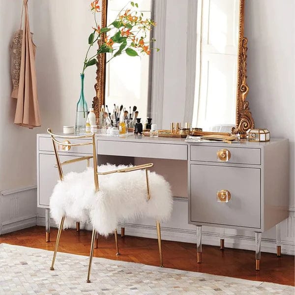 Fernanda Wood Makeup Vanity Acrylic Clear and Gold Dressing Table with chair