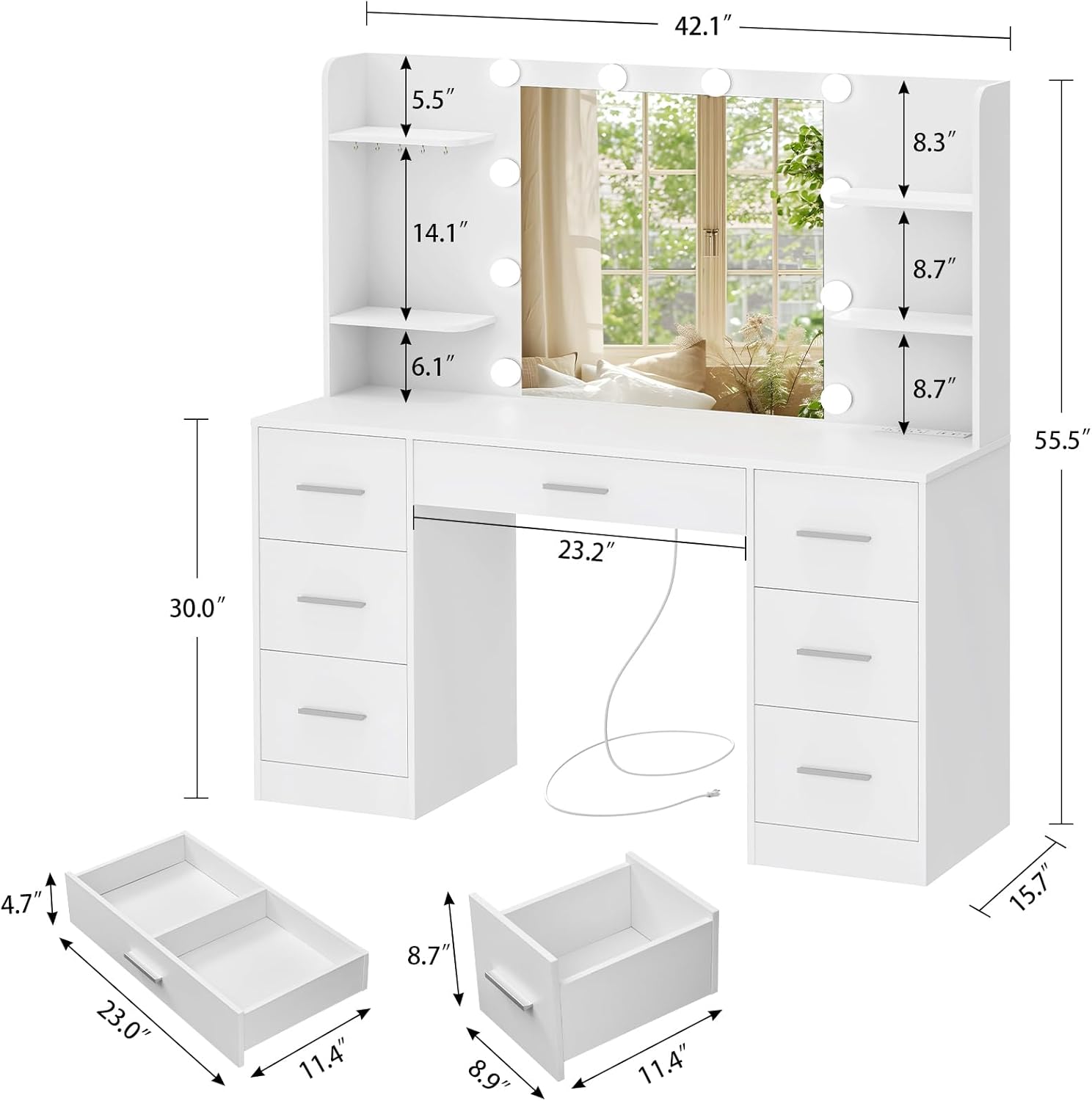 Large Vanity Desk with LED Lighted Mirror & Power Outlet,Makeup Vanity Table - OUCHCART