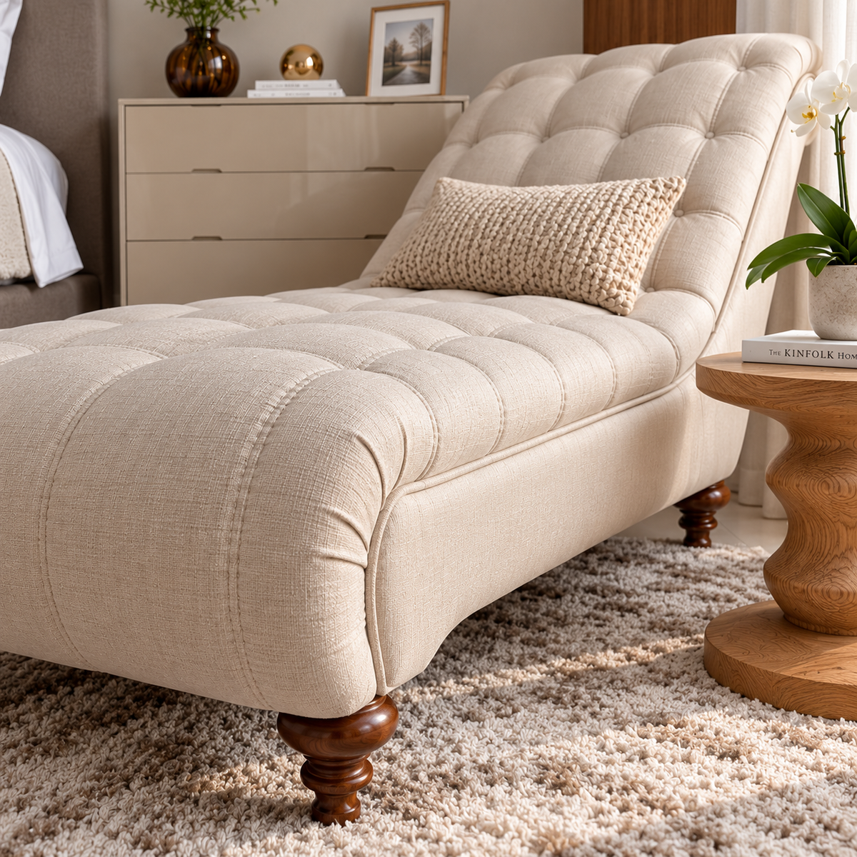 Luxury Tufted Chaise Lounge | Cream Upholstered Bedroom Relaxation Sofa with Button Detailing