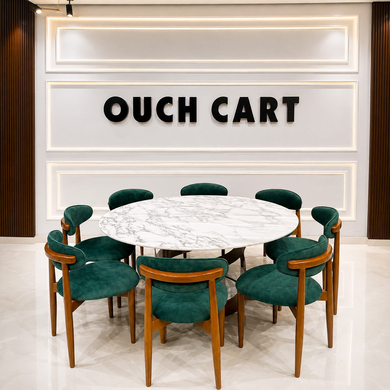Modern 8 Seater Marble Dining Table Set with Green Velvet Chairs Ouch Cart