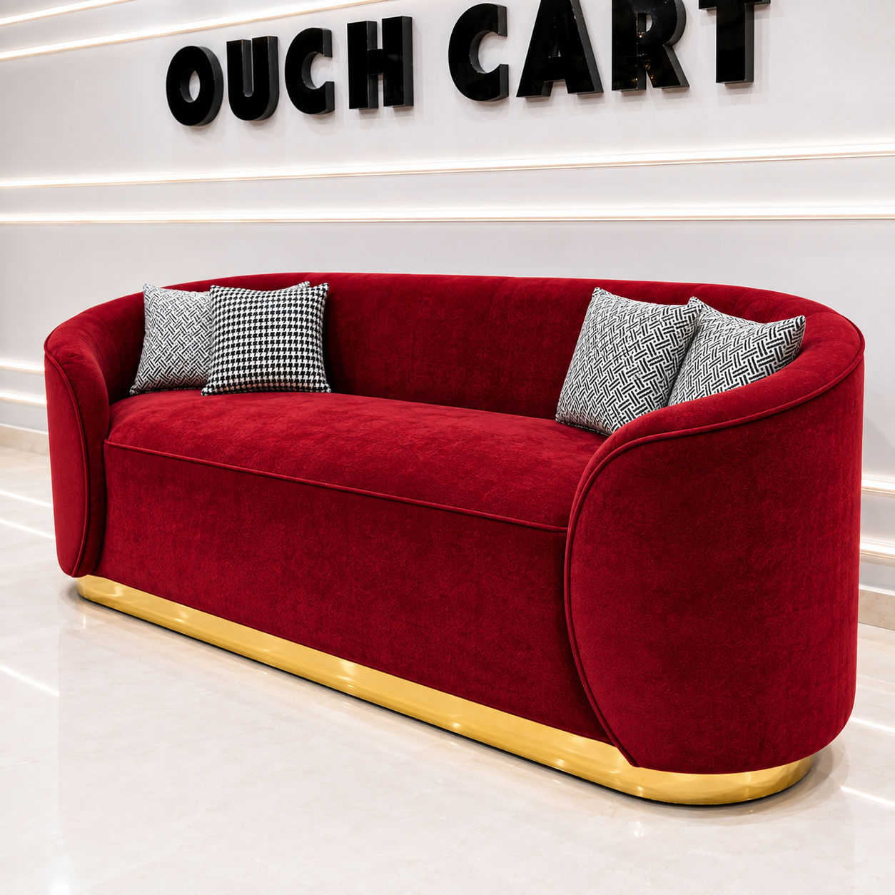 Ouch Cart Luxury Red Velvet Sofa | Modern 3-Seater Curved Sofa with Gold Base OUCH CART