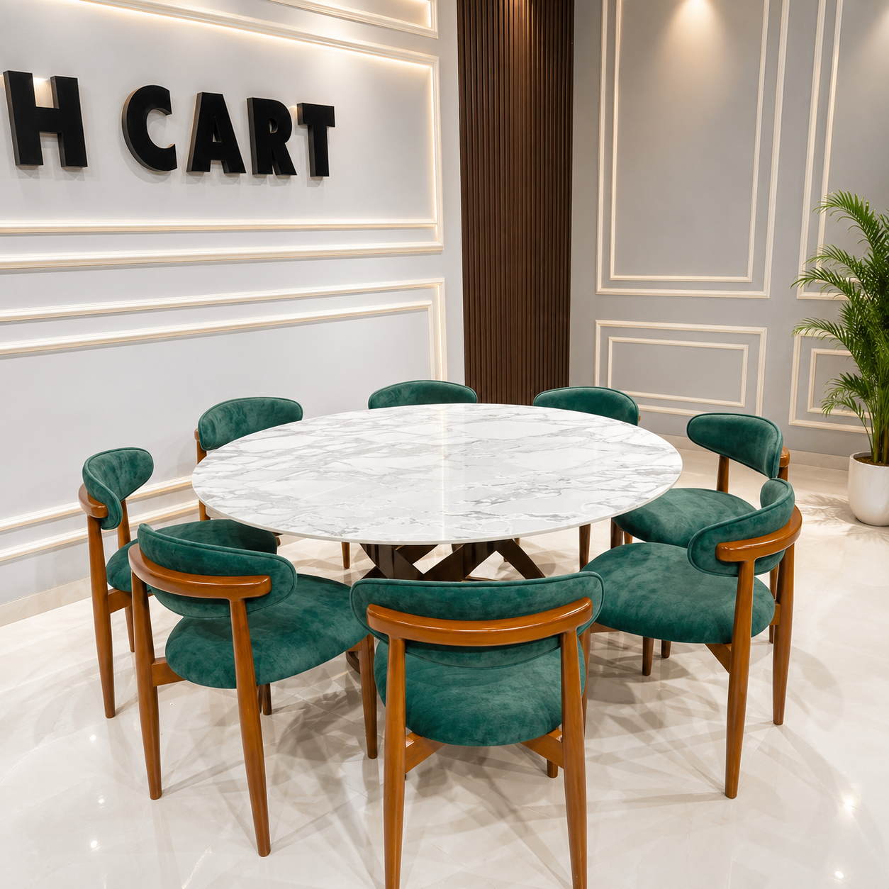 Modern 8 Seater Marble Dining Table Set with Green Velvet Chairs Ouch Cart