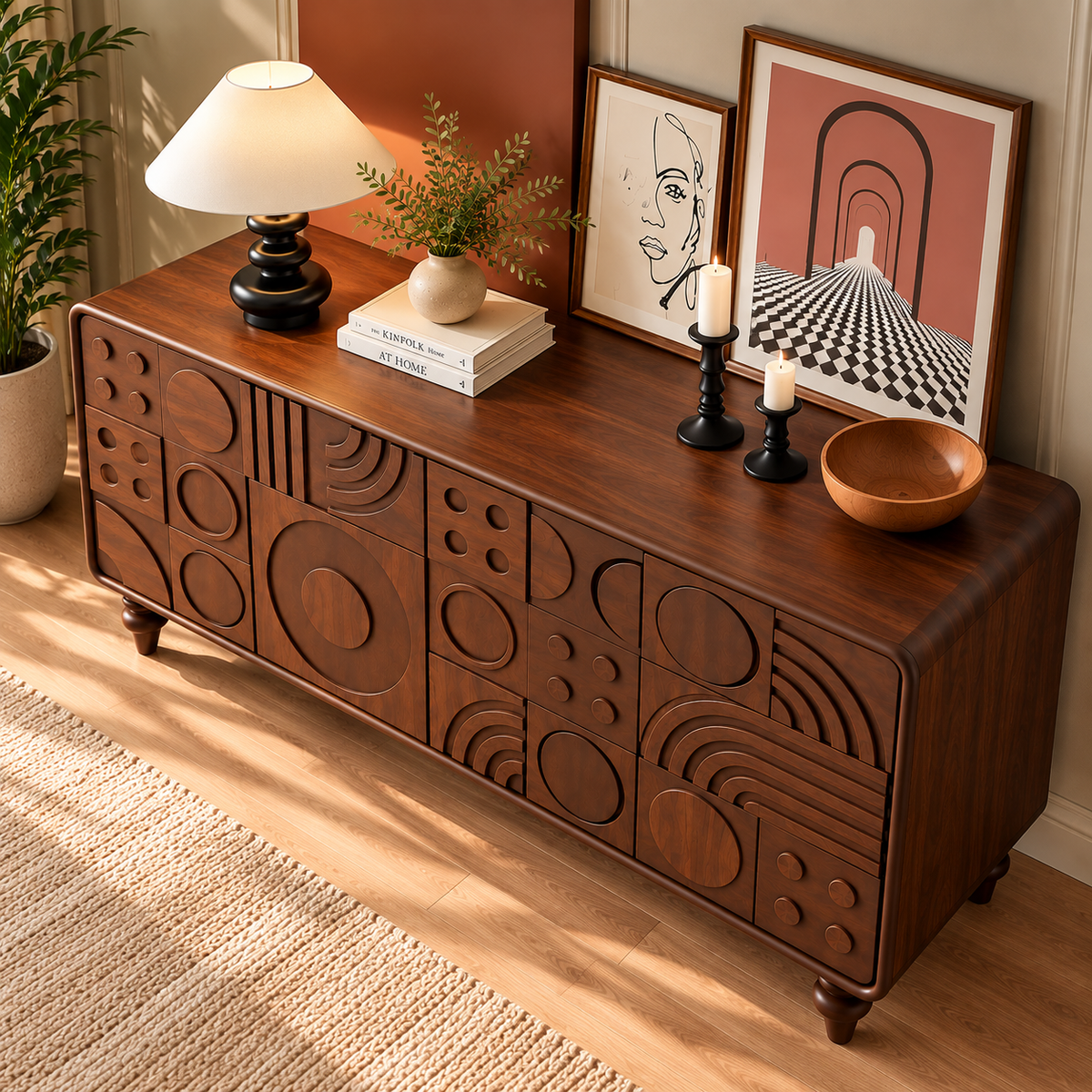 Solid Wood Sideboard Cabinet with Geometric Carved Design