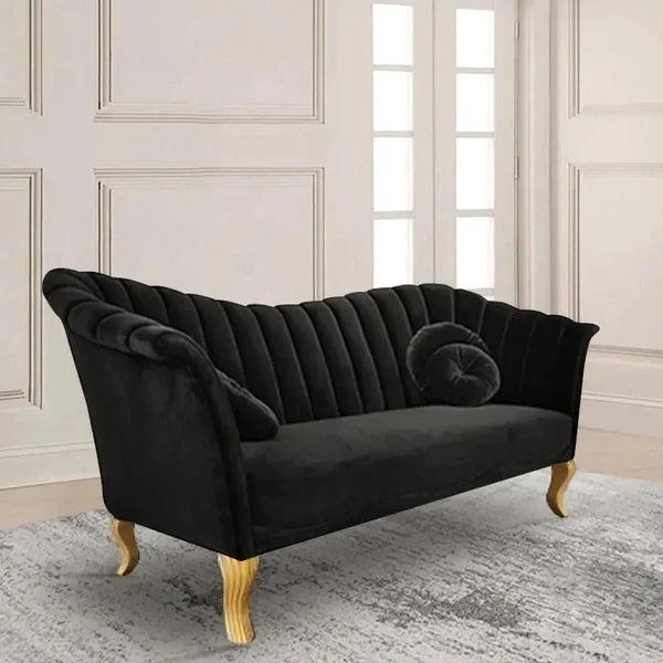 Rowena Black Velvet Upholstered Sofa Channel Tufted 3-Seater Sofa in Gold - Ouch Cart