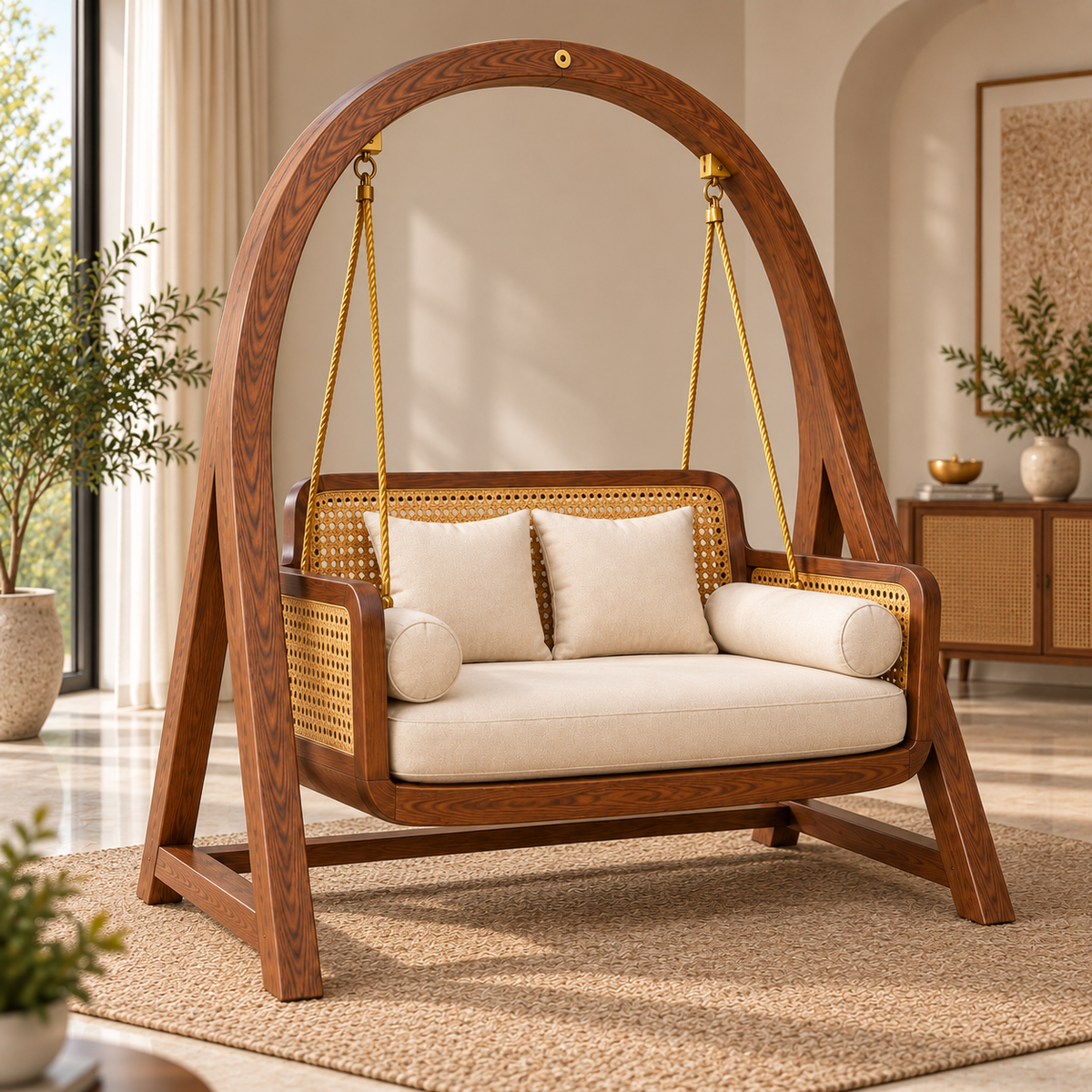 Solid Wood Wooden Swing Chair with Cane Backrest & Cream Cushions