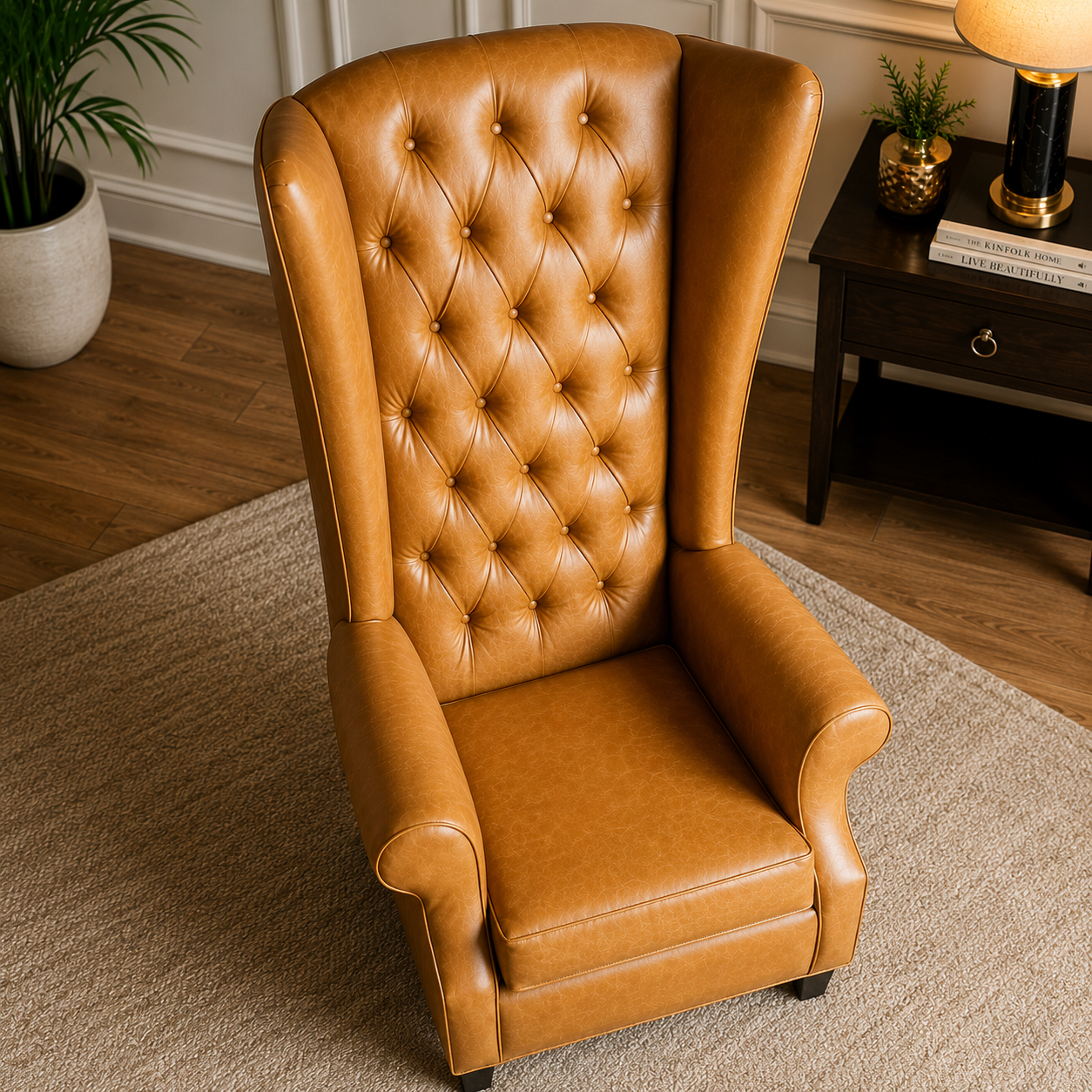 ufted High Back Accent Chair with Rolled Arms | Tan Leather Upholstered Reading Chair