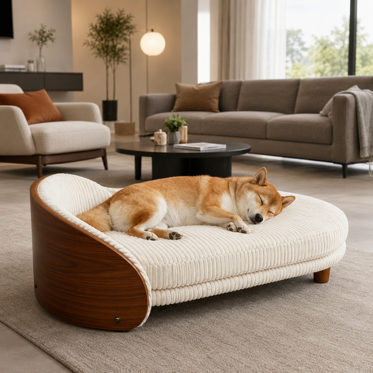 Modern Luxury Wooden Pet Bed for Dogs & Cats | Soft Plush Corduroy Cushion | Stylish Elevated Indoor Pet Sofa Bed | Comfortable Sleeping Bed for Small & Medium Pets OUCH CART