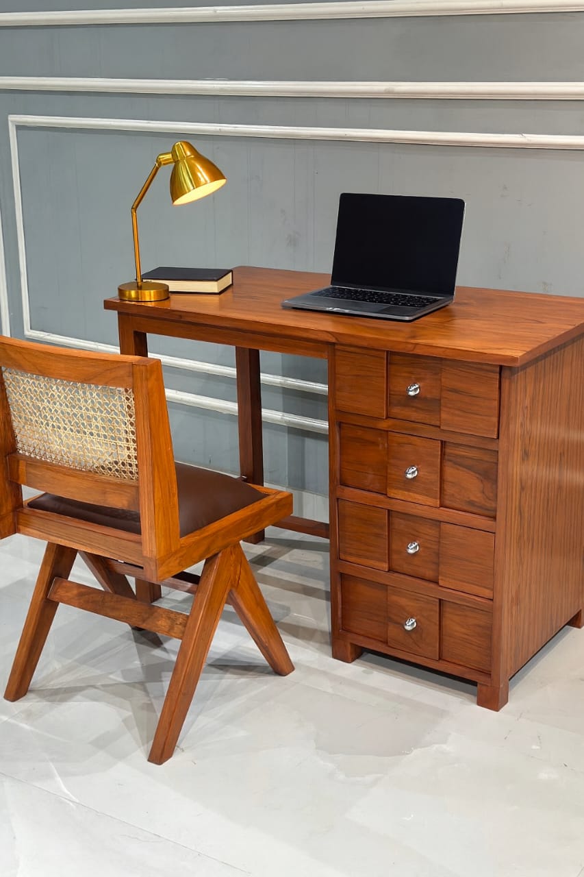 Solid Wood Study Desk with Storage Drawers & Cane Chair | Compact Home Office Workstation
