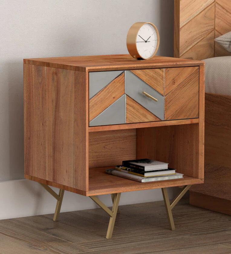 Solid Wood Bedside Table in Natural Finish with Drawer - Ouch Cart