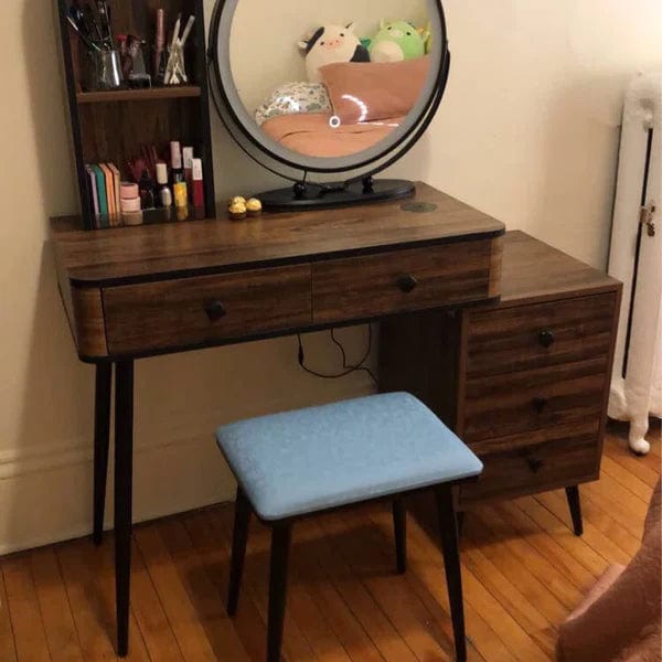 Jade Vanity dressing table design with light mirror with stool, Cosmetic Dressing Table with Makeup Stool Vanity Bedroom Dressers 5 Drawers Bedside Table for Ample Storage
