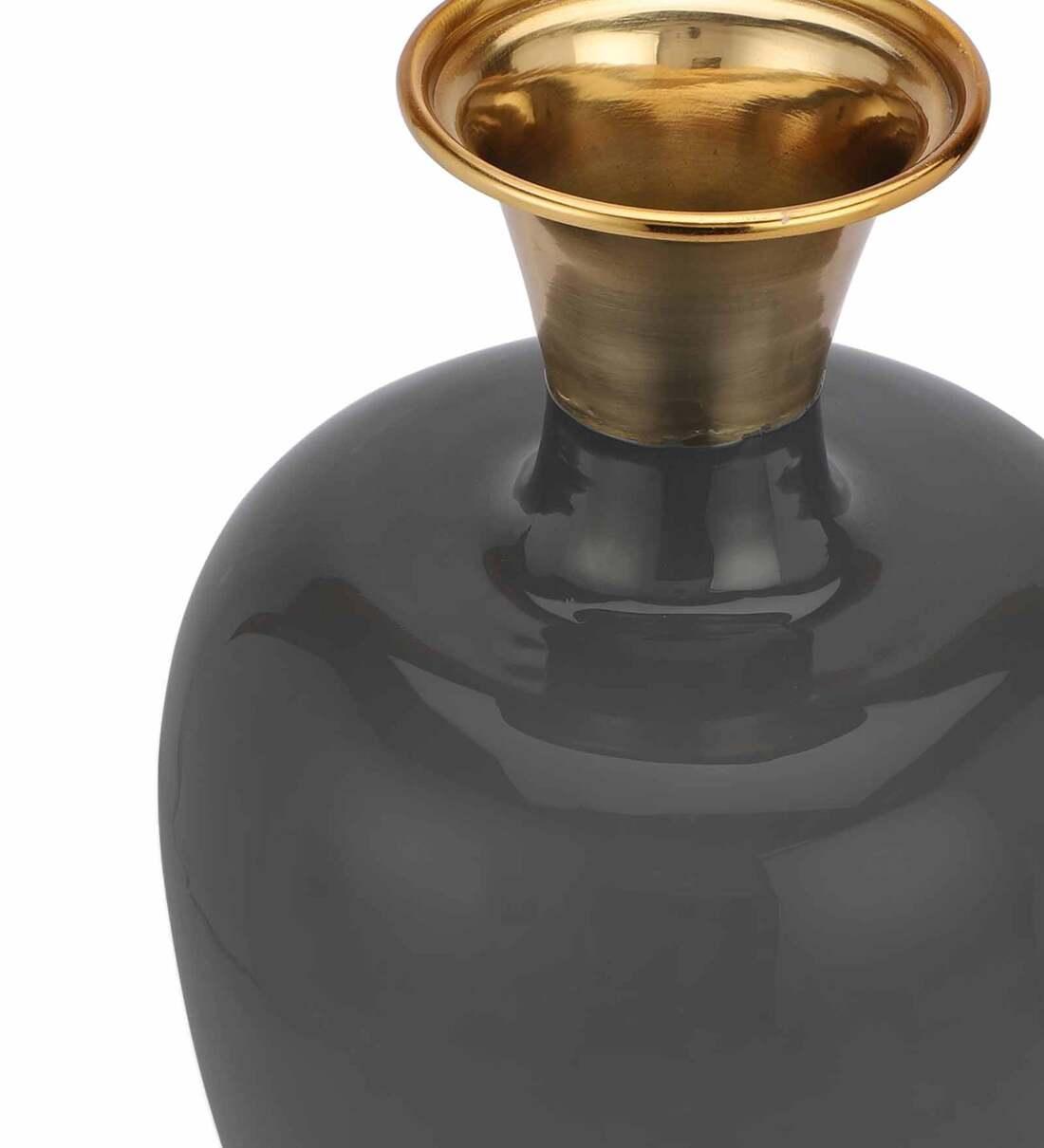 Urn Deidra Dim Grey Metal & Brass Vase Finger Painted Enamel, - Ouch Cart