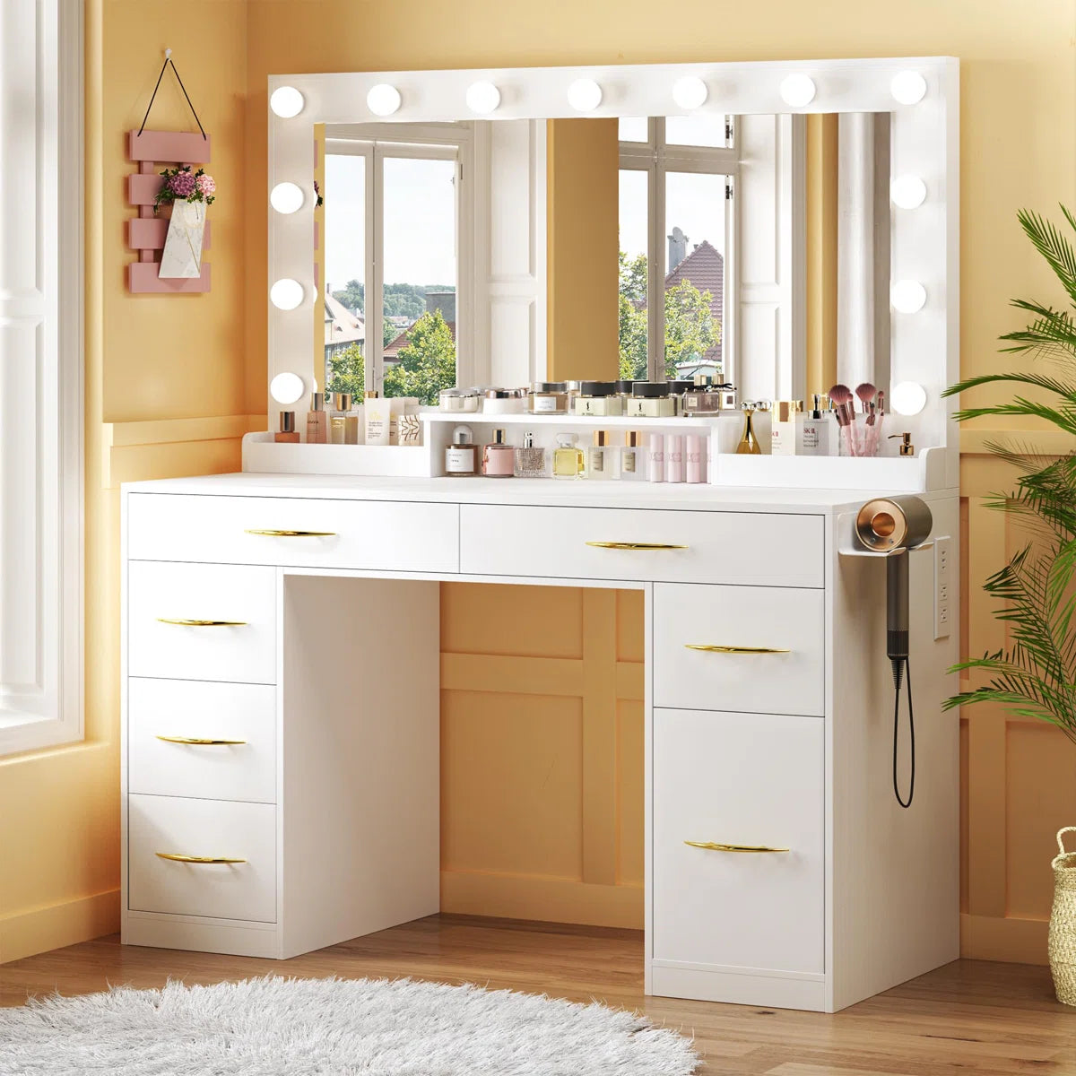 Large Size Vanity Desk with LED Mirror, Power Outlet, and 7 Spacious Drawers-OUCH CART | Dressing table
