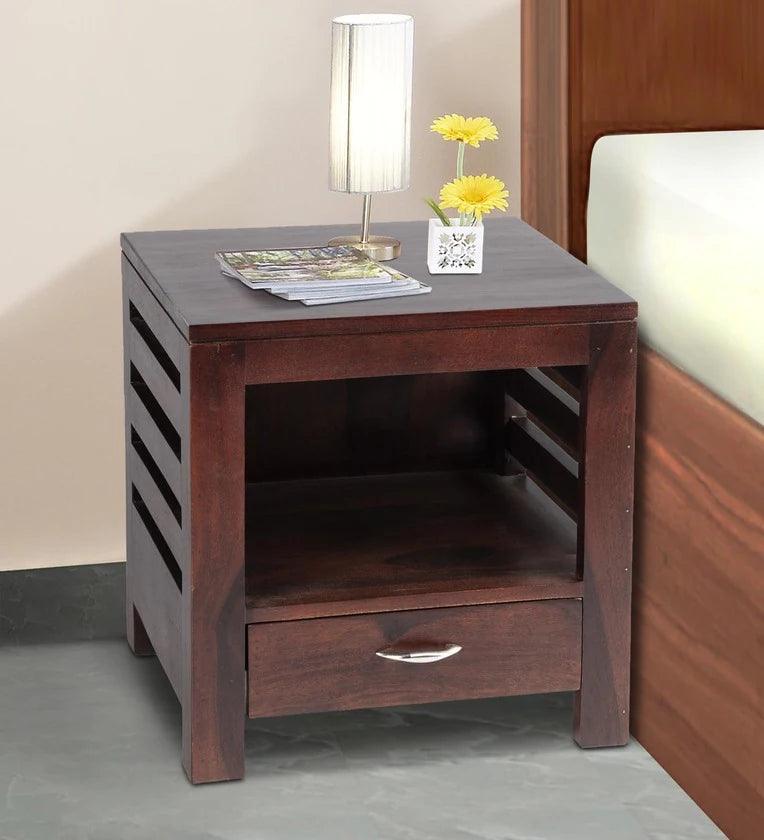 Sheesham Wood Bedside Table in Walnut Finish with Drawer - Ouch Cart