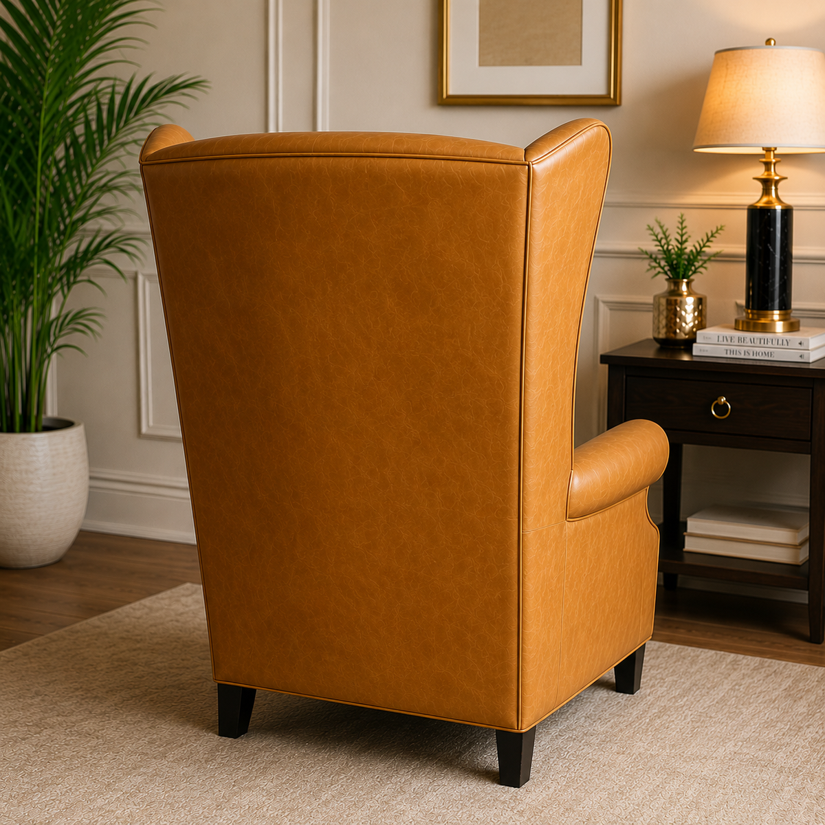 ufted High Back Accent Chair with Rolled Arms | Tan Leather Upholstered Reading Chair OUCH CART