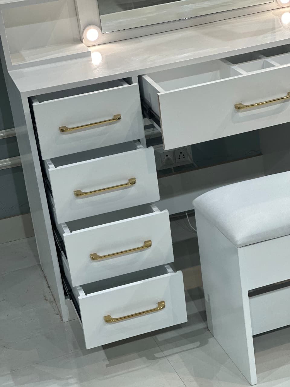 49.2" Makeup Vanity Desk with 8 Drawers, Glass Surface, and Built-In Charging Outlet OUCH CART