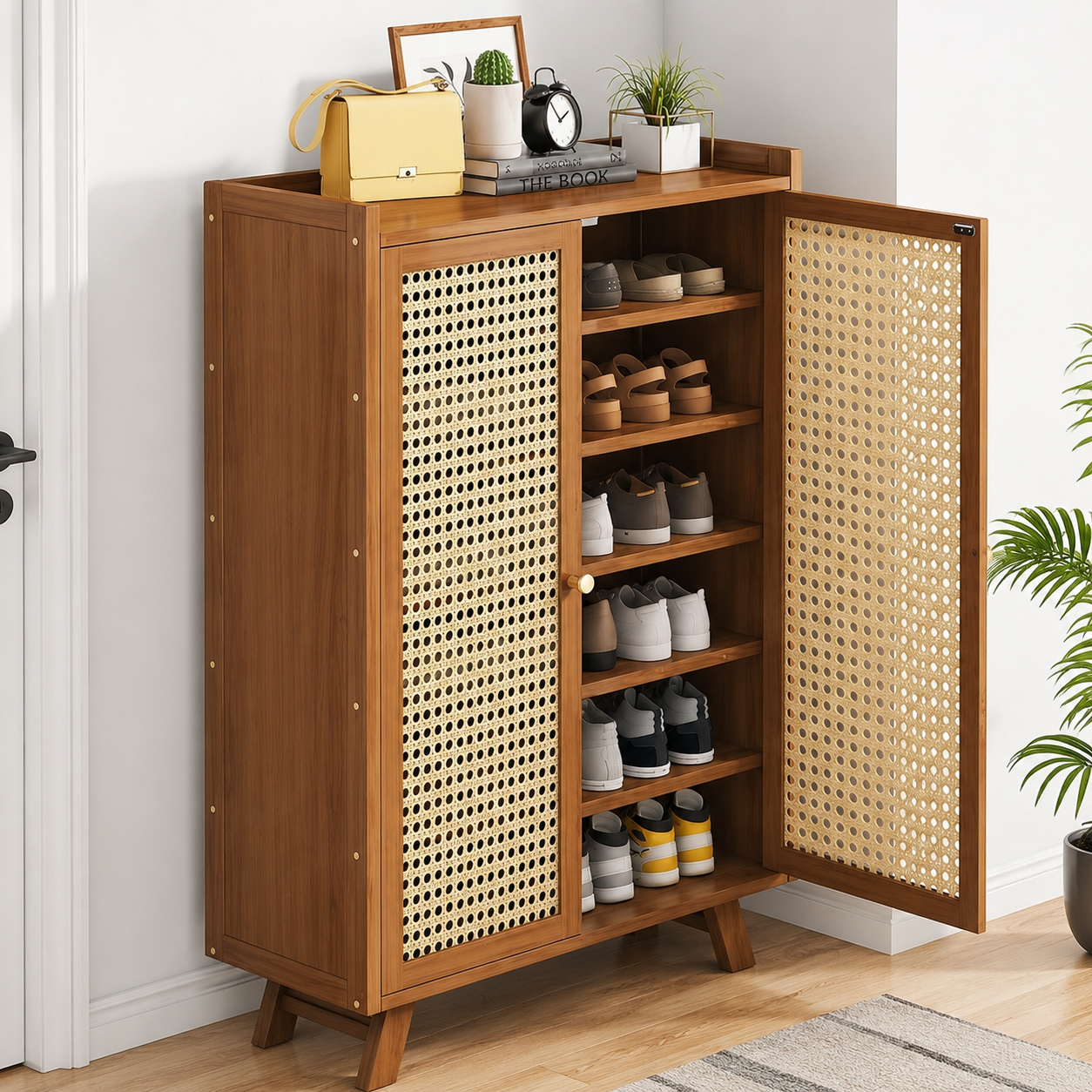 Modern Solid Wood Shoe Cabinet with Angled Legs | Mid-Century Wooden Shoe Storage Organizer | Scandinavian Entryway Shoe Rack OUCH CART