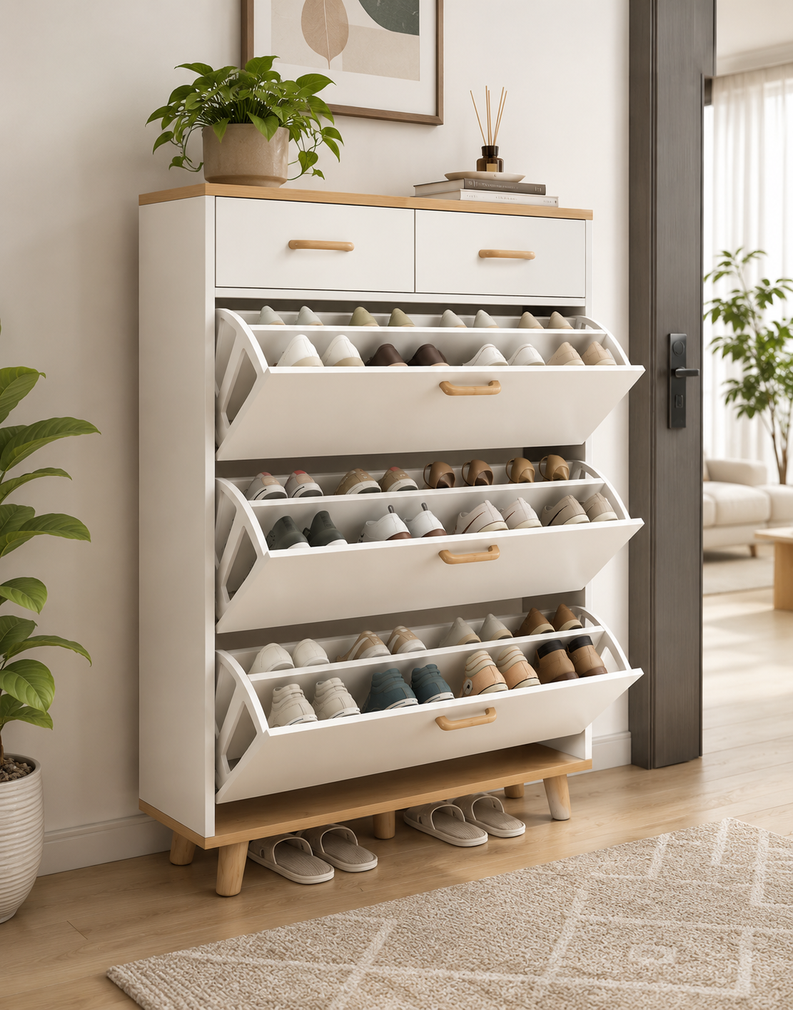 Modern Wooden Shoe Cabinet with Flip Drawers | Space-Saving Entryway Shoe Storage Organizer | Ouch Cart OUCH CART