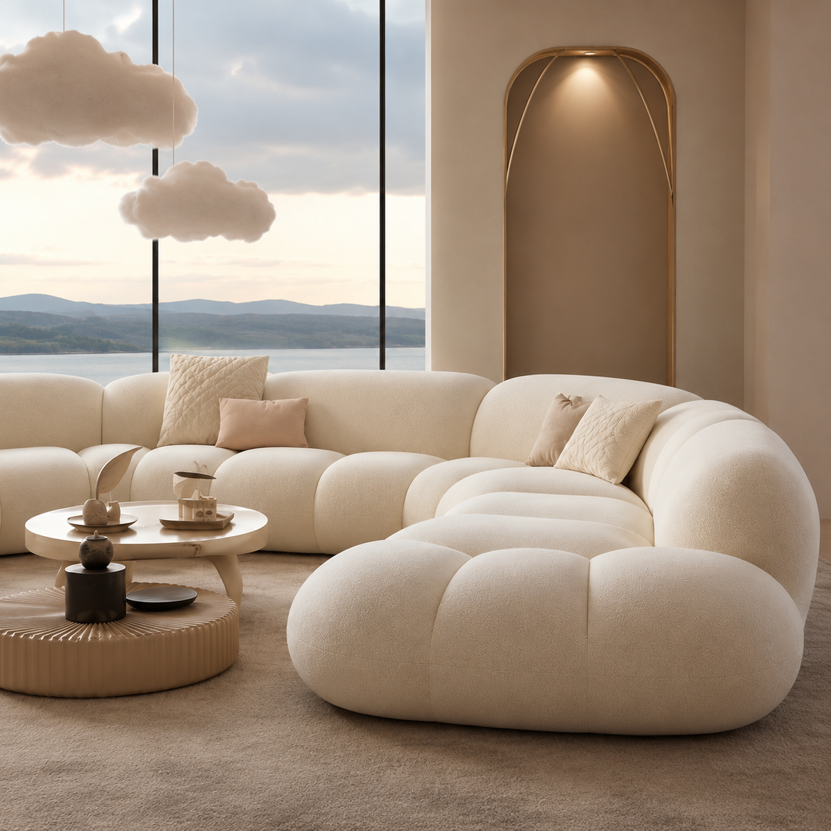 Ouch Cart Modern Curved Bouclé Sectional Sofa – Luxury Cloud Couch for Living Room | Plush Upholstered Contemporary Designer Sofa OUCH CART