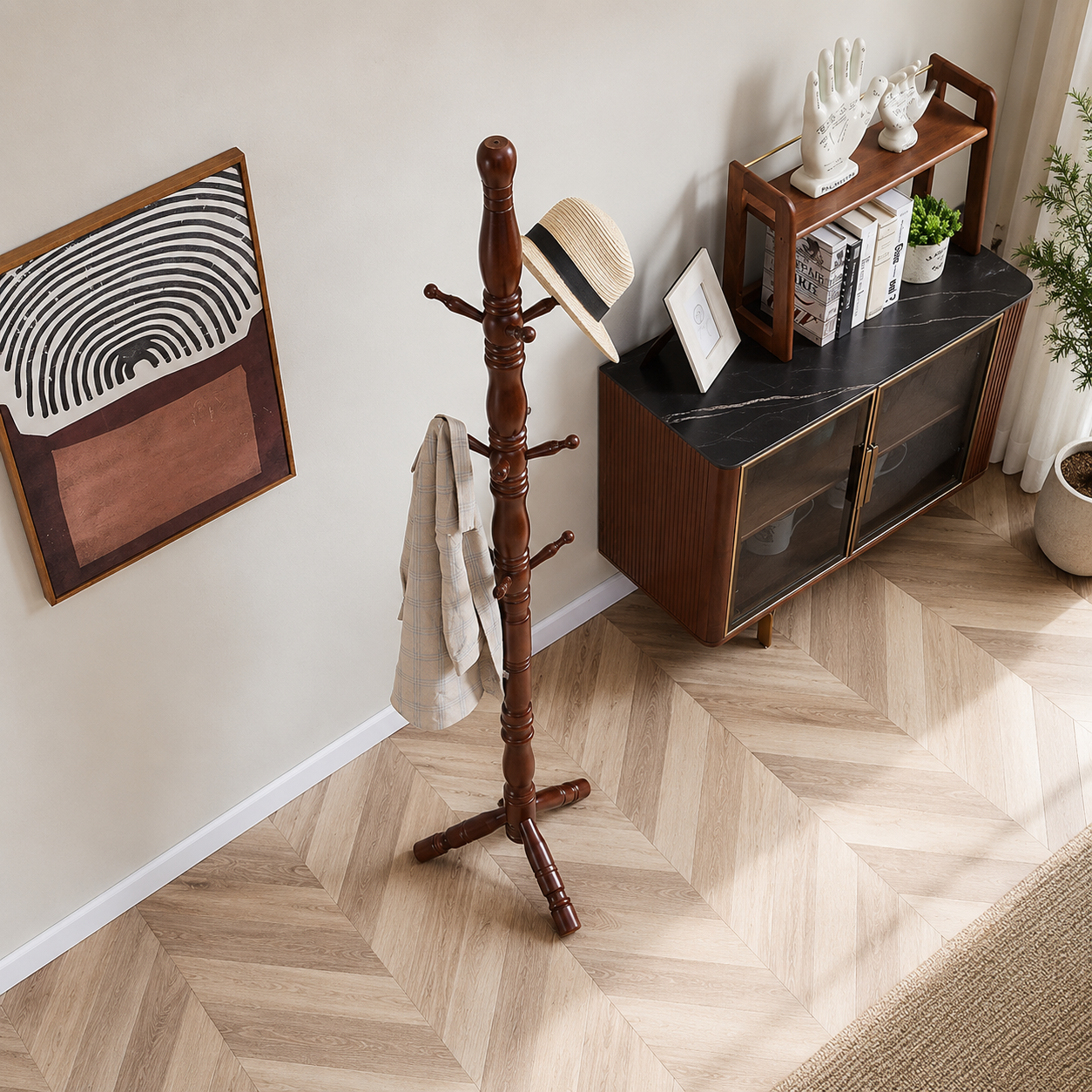 Ouch Cart Wooden Coat Stand | Freestanding Solid Wood Clothes Hanger with Multiple Hooks for Home