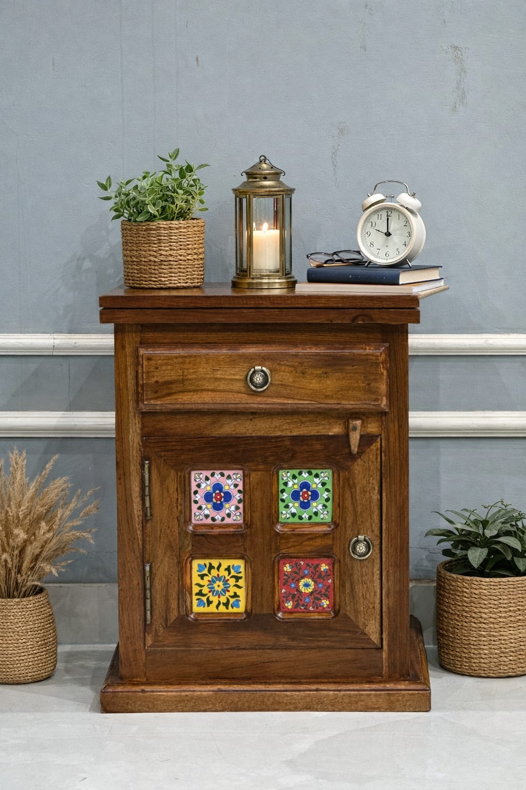 Handcrafted Solid Wood Bedside Table with Hand-Painted Tile Inlay | Rustic Vintage Side Table with Storage Cabinet
