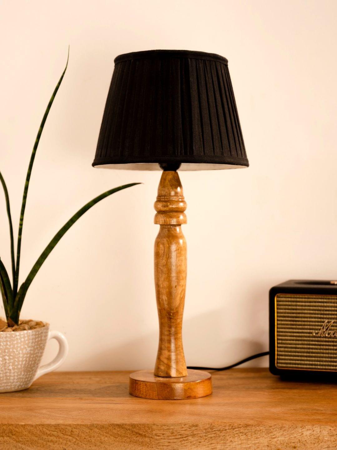 Wooden Round Brown Lamp with pleeted Black Taper soft Shade - Ouch Cart
