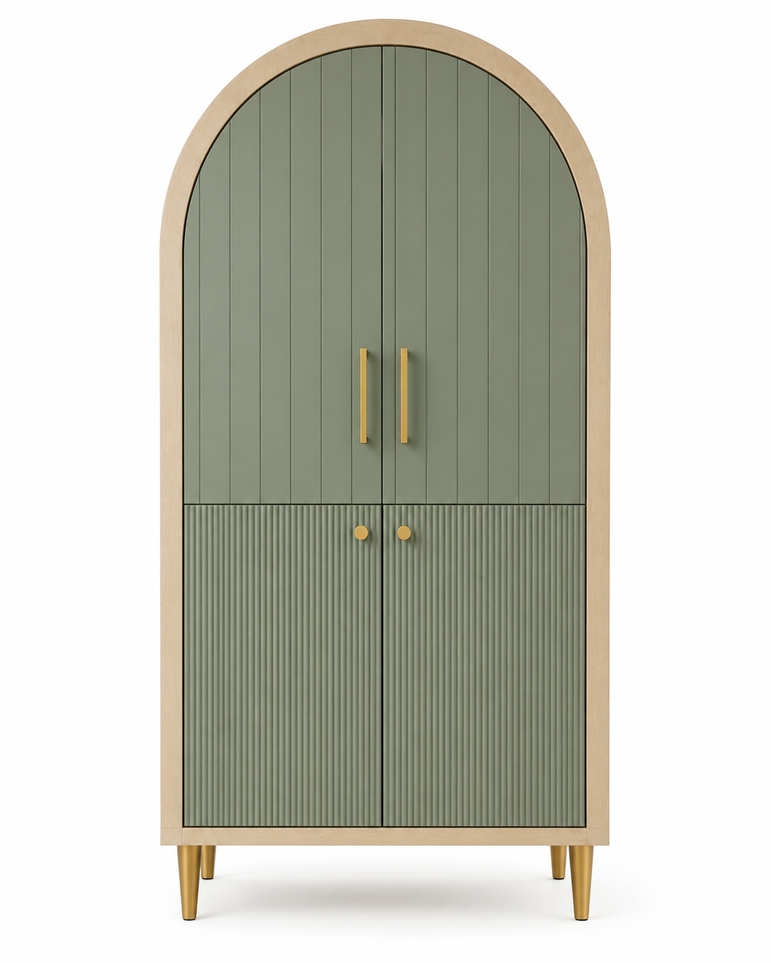 Modern Arched Wooden Wardrobe with Sage Green Doors