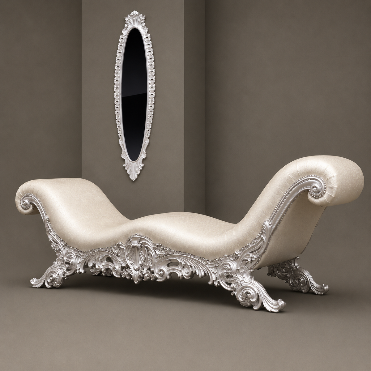 Luxury Ivory Chaise Lounge | Royal Rococo French Style Daybed with Ornate Carved Frame | Elegant Bedroom & Living Room Lounger Ouch Cart