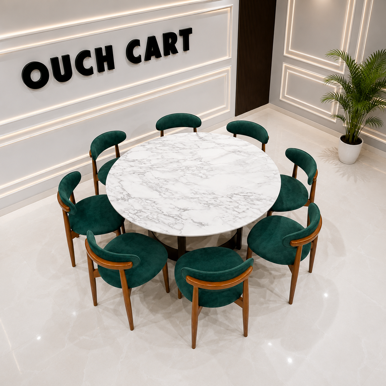 Modern 8 Seater Marble Dining Table Set with Green Velvet Chairs Ouch Cart