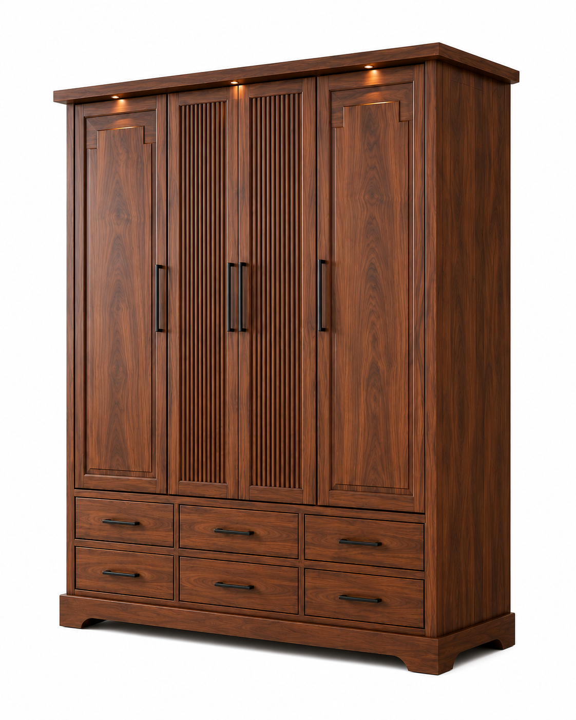 Modern 4 Door Wooden Wardrobe with 6 Storage Drawers