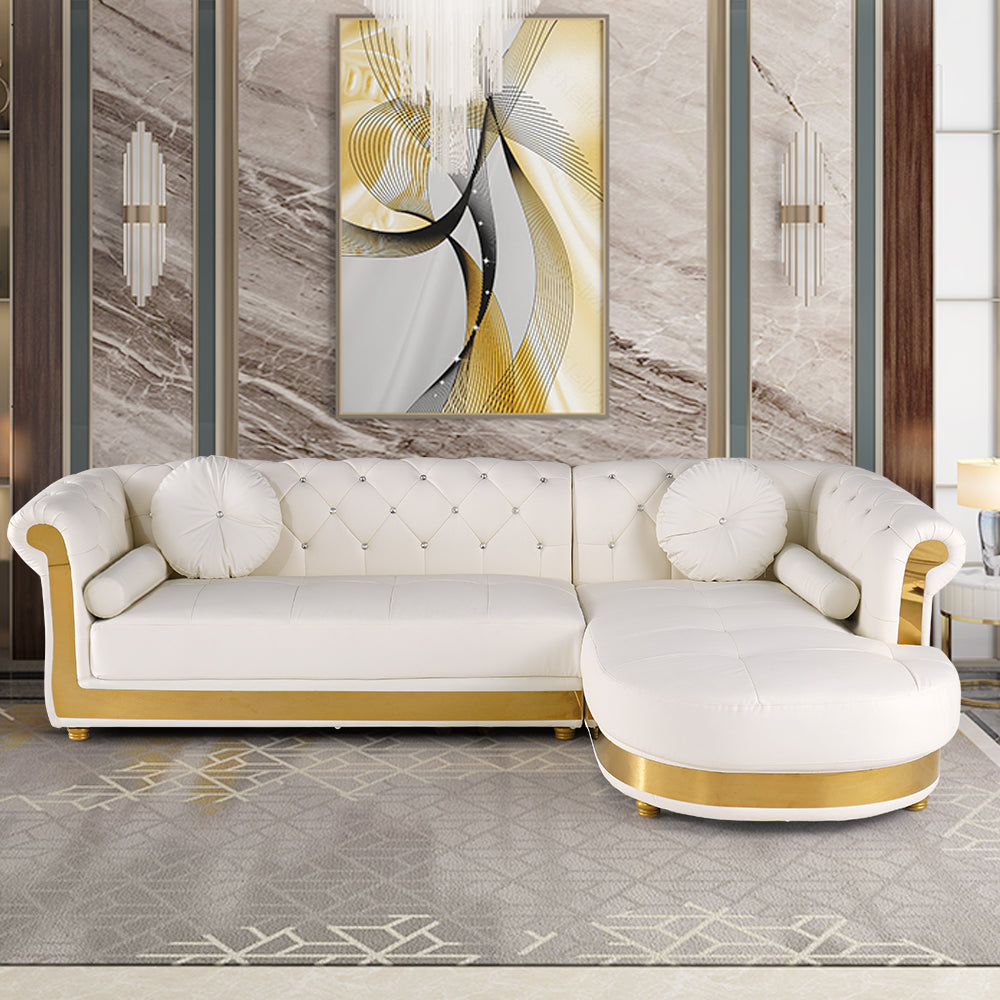 Luxury White L-Shaped Chesterfield Leather Sofa Set with Gold Accents