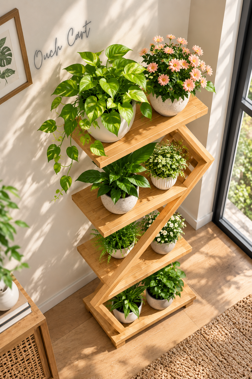 Z-Shaped Wooden Plant Stand for Indoor Plants | Multi-Tier Plant Shelf & Holder for Living Room, Balcony & Home Decor OUCH CART