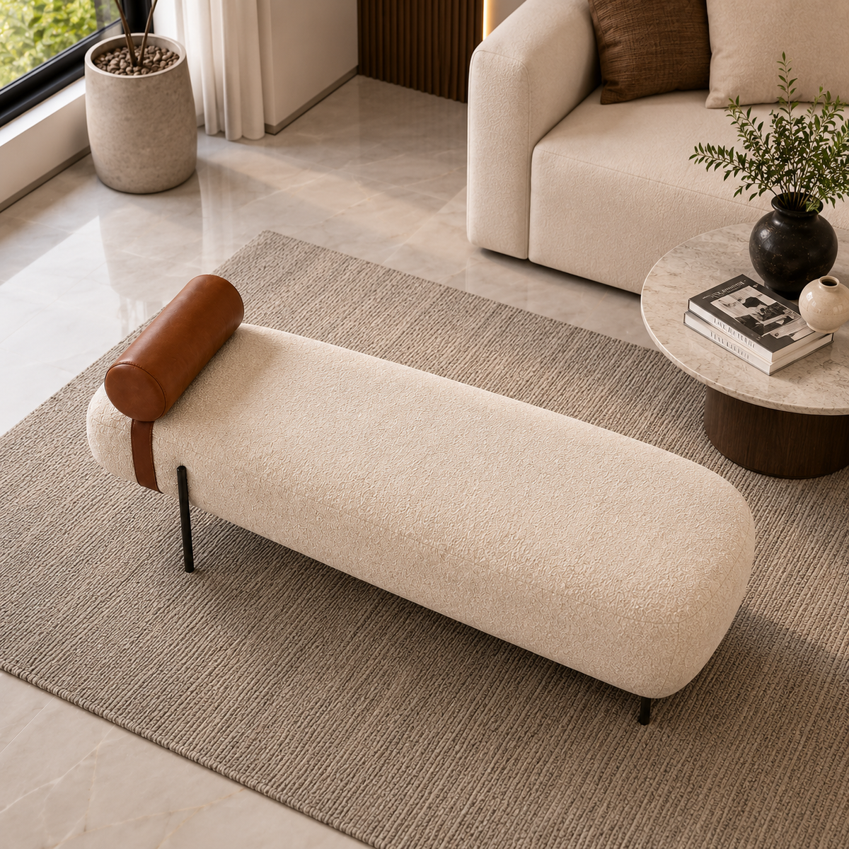 Modern Upholstered Bench with Leatherite Bolster Pillow | Luxury Bouclé Fabric Accent Bench OUCH CART