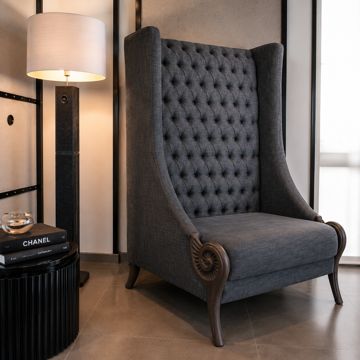 Tufted High Back Accent Chair with Carved Wooden Arms | Upholstered Living Room Lounge Chair
