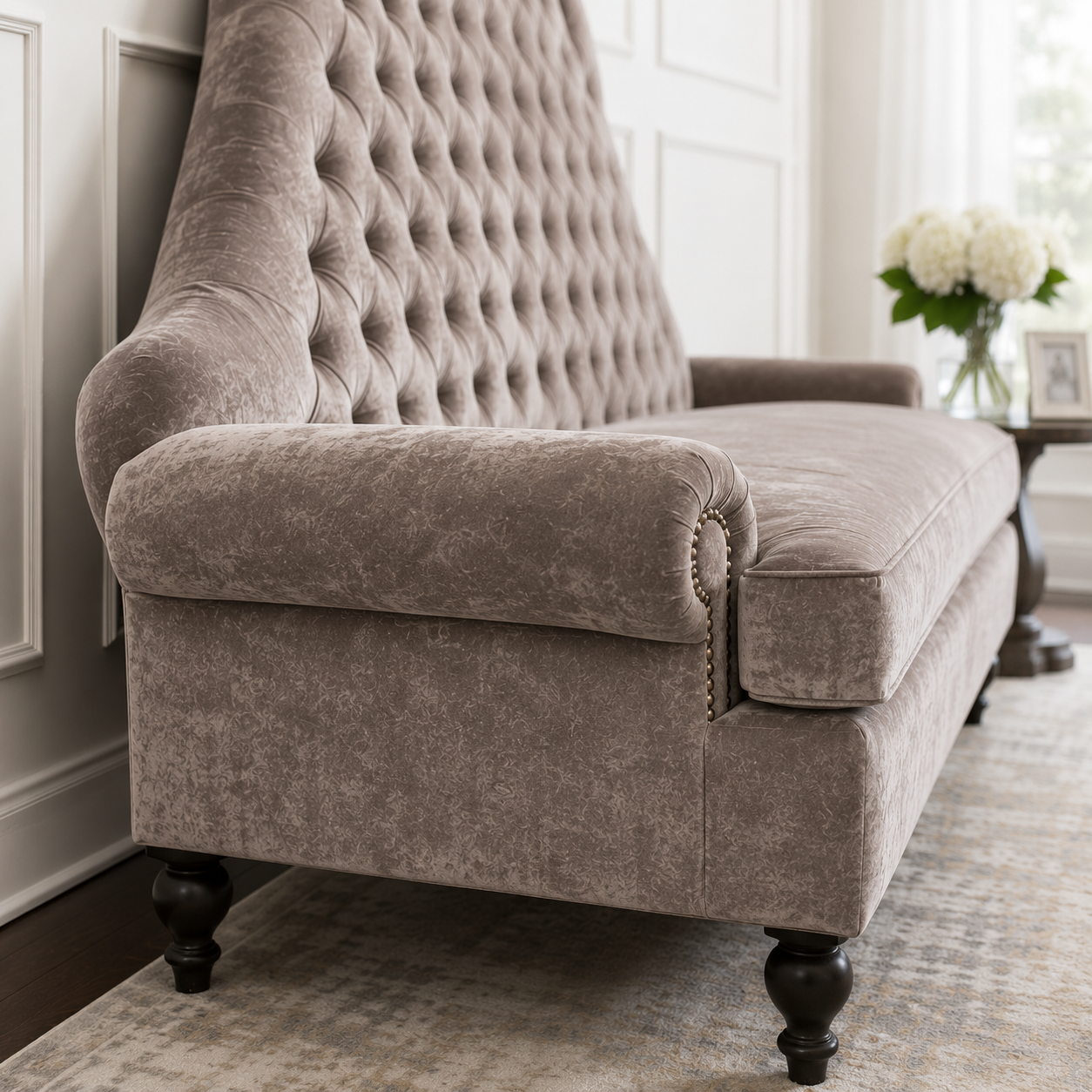 Tufted High Back 2 Seater Sofa with Rolled Arms & Wooden Legs | Elegant Living Room Couch