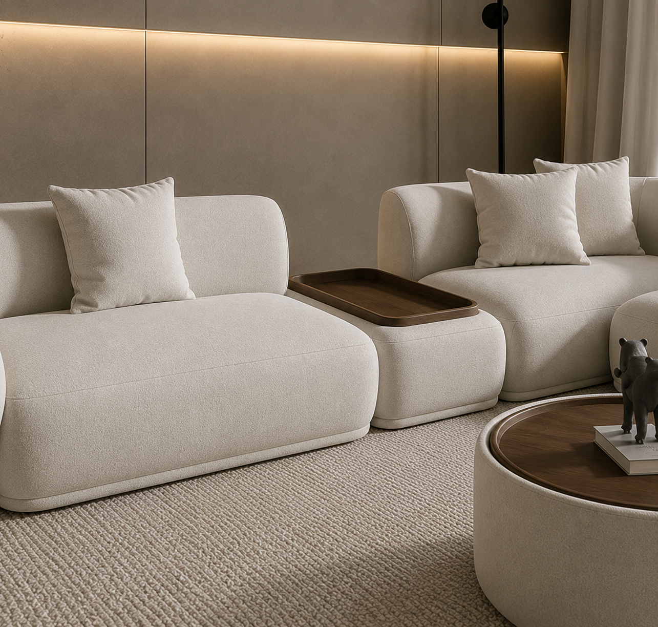 Ouch Cart Modern Curved Modular Sectional Sofa with Wooden Side Tray | Luxury Bouclé Upholstered L-Shaped Sofa Set for Living Room | Minimalist Contemporary Couch, Cream White OUCH CART