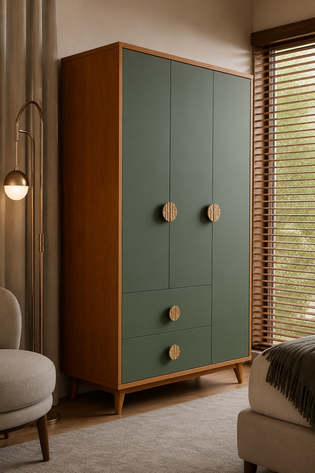 Modern 3 Door Wooden Wardrobe with 2 Drawers | Olive Green Bedroom Almirah | Scandinavian Style Clothes Storage Cabinet