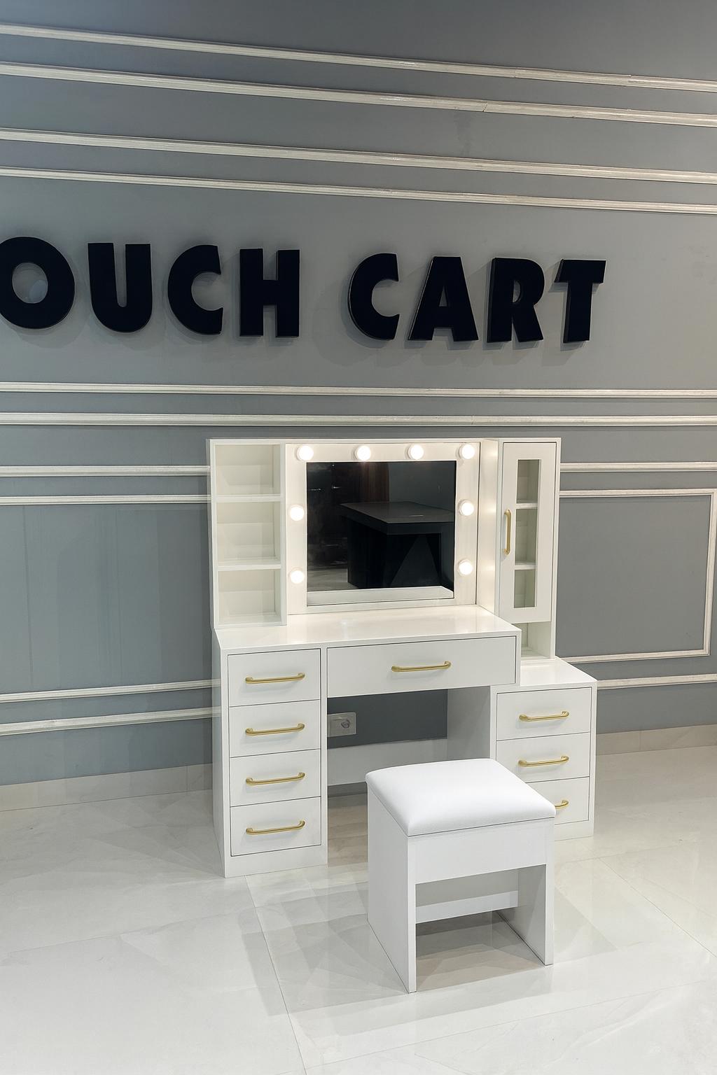 49.2" Makeup Vanity Desk with 8 Drawers, Glass Surface, and Built-In Charging Outlet OUCH CART