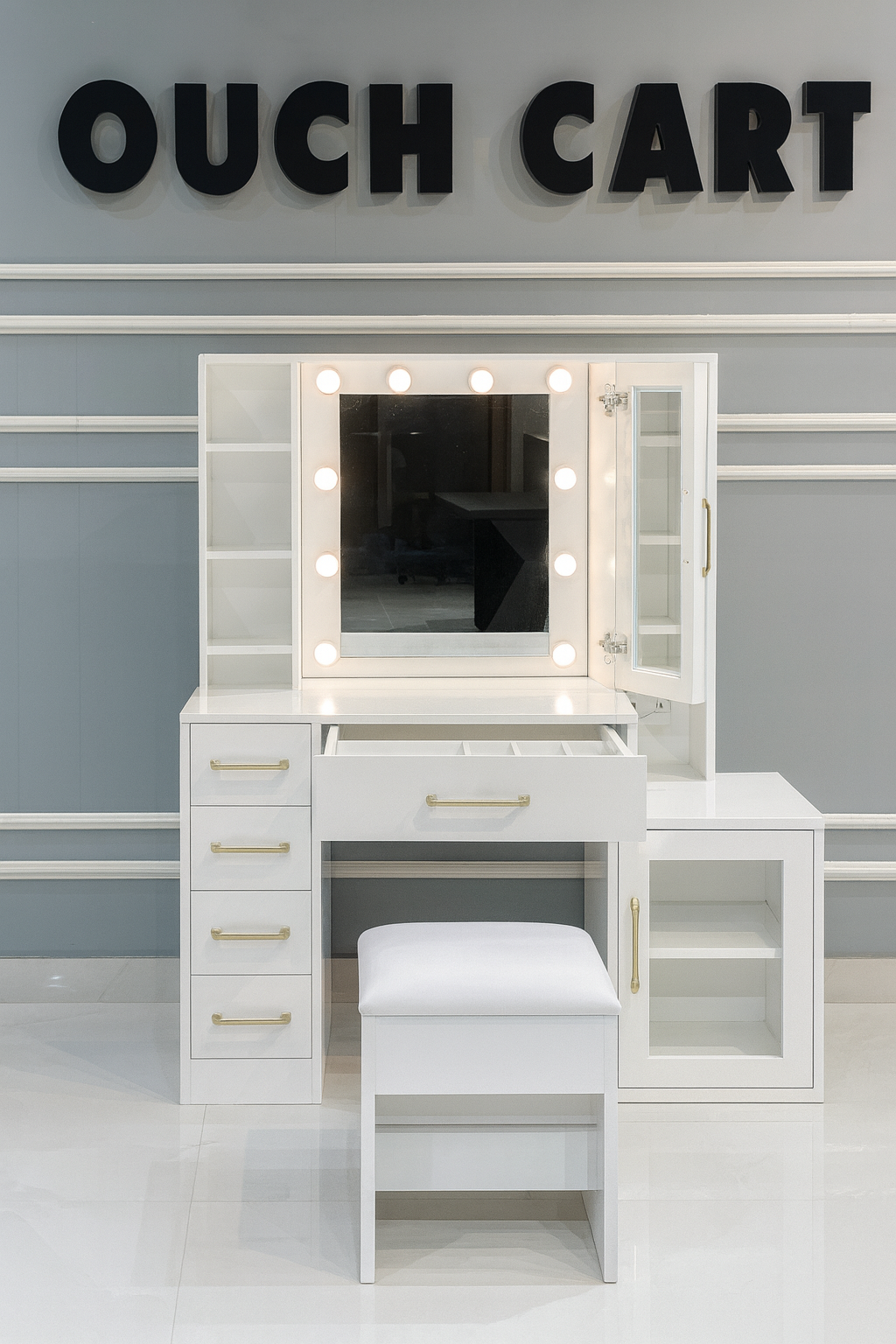 49.2" Makeup Vanity Desk with 8 Drawers, Glass Surface, and Built-In Charging Outlet